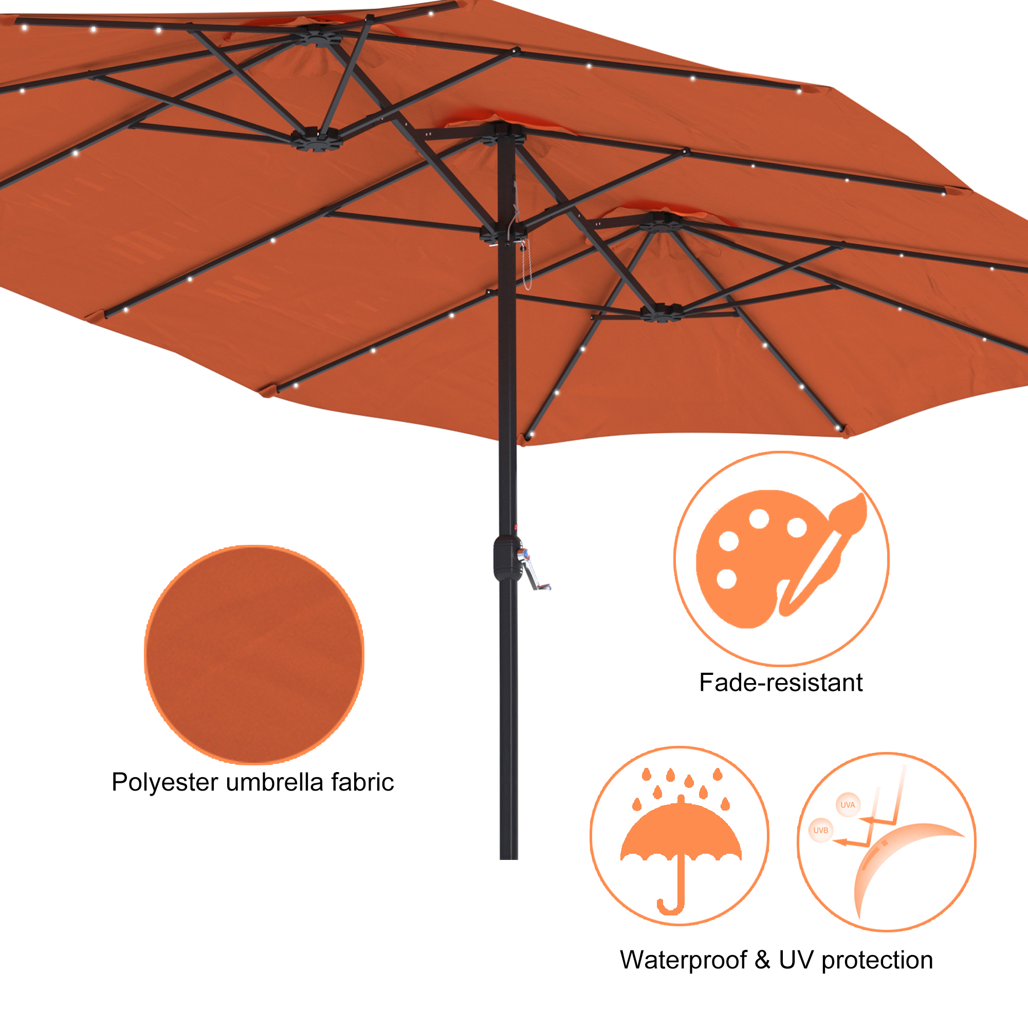 15ft Patio Steel Rectangular Double-Sided Market Umbrella With Base, Classic Design or Solar LED Lights Options,UV Sun Protection & Easy Crank for Deck Pool Patio.
