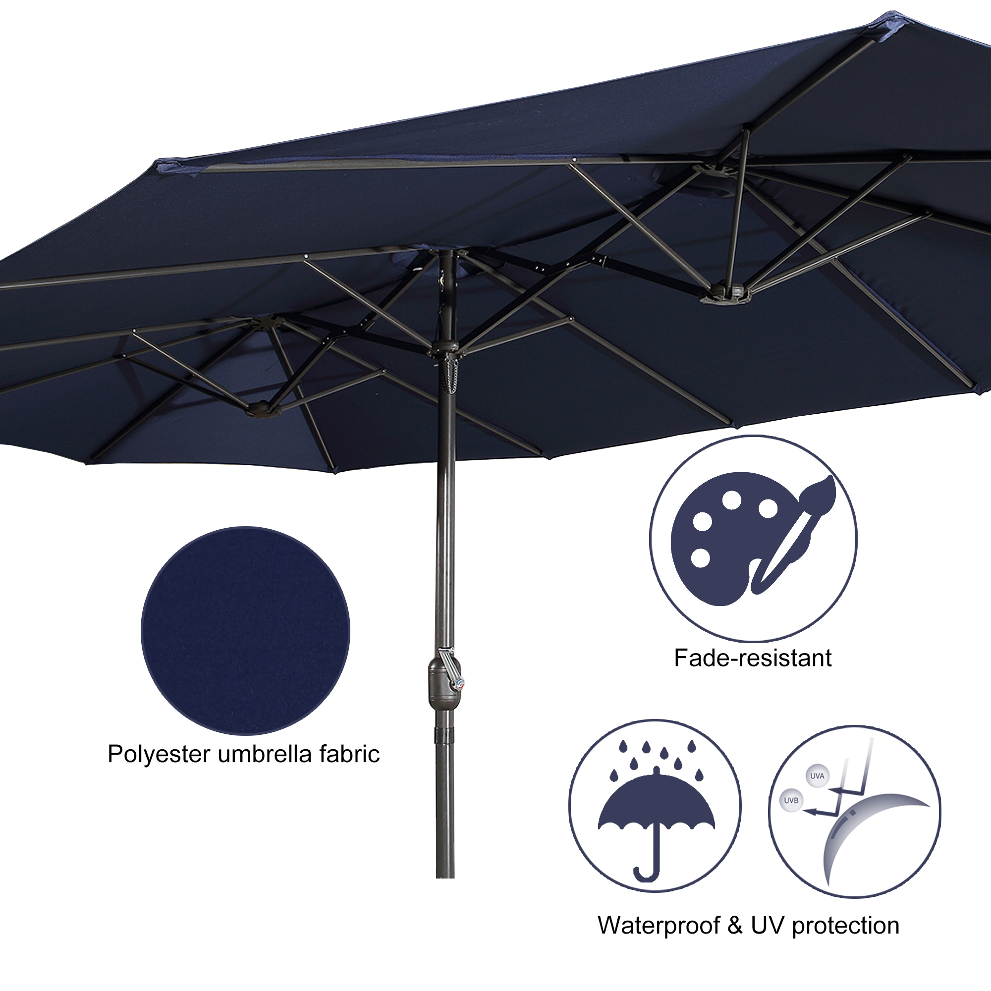 15ft Patio Steel Rectangular Double-Sided Market Umbrella With Base, Classic Design or Solar LED Lights Options,UV Sun Protection & Easy Crank for Deck Pool Patio.