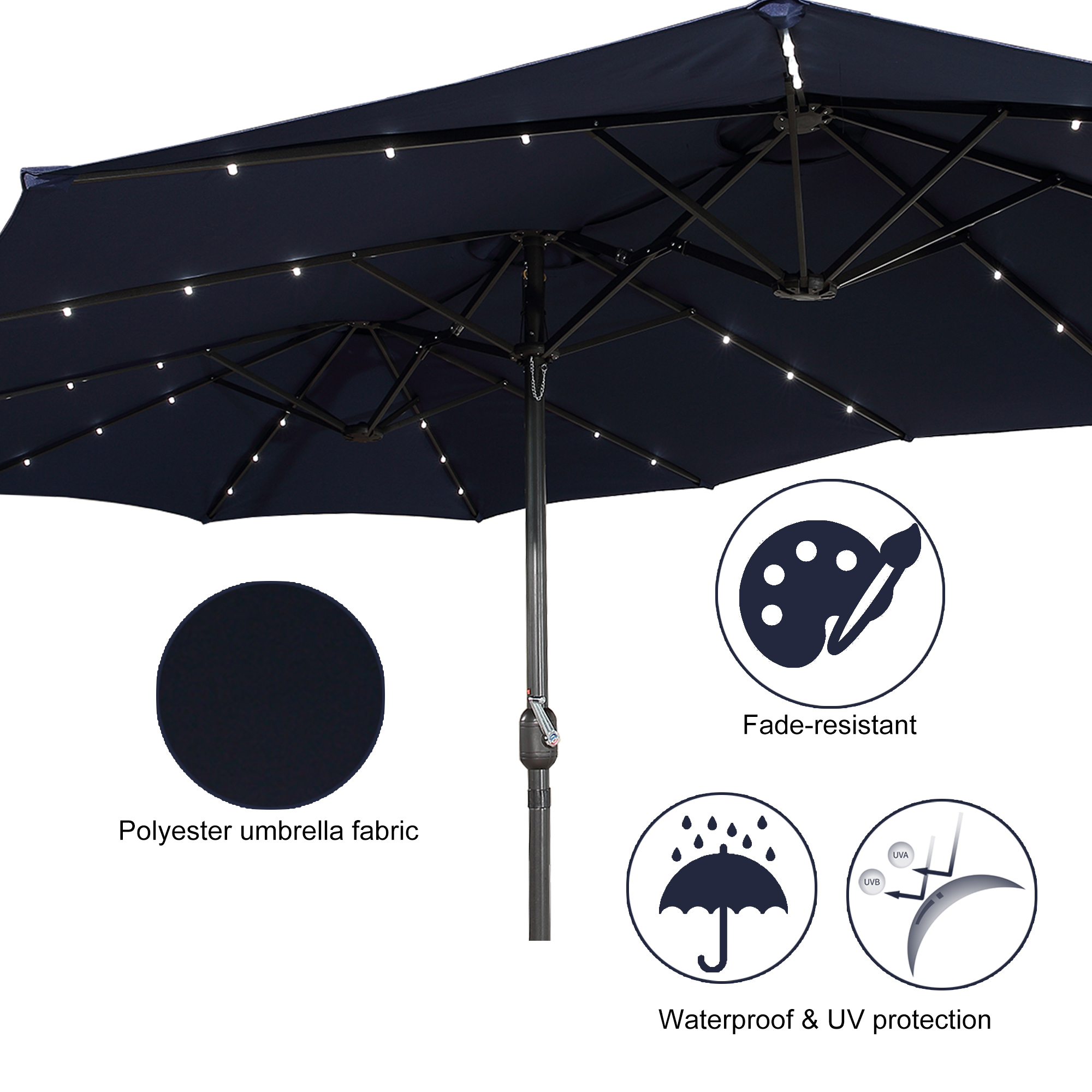 15ft Patio Steel Rectangular Double-Sided Market Umbrella With Base, Classic Design or Solar LED Lights Options,UV Sun Protection & Easy Crank for Deck Pool Patio.