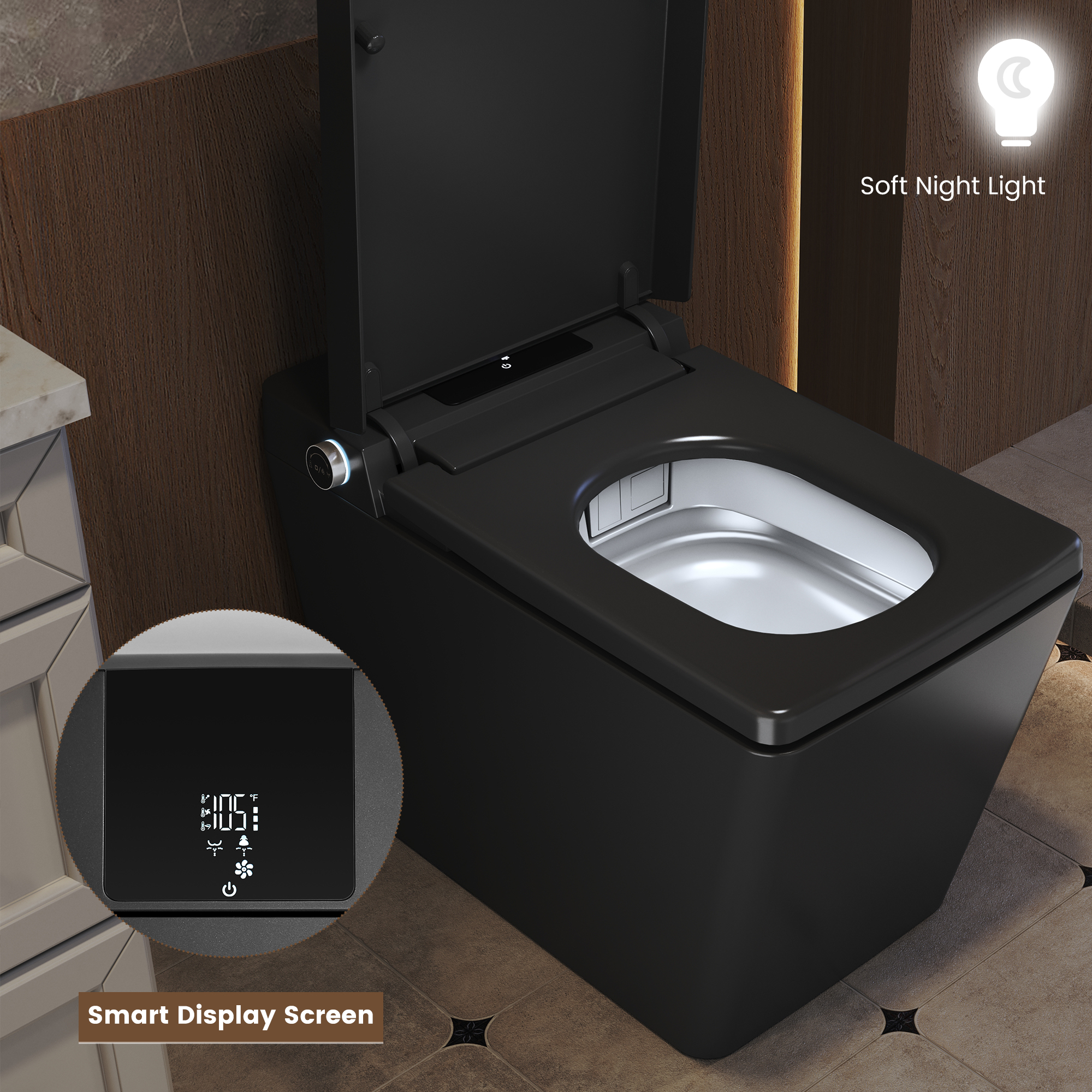 Square Smart Bidet Toilet with Heated Seat and Radar Sensor Lid