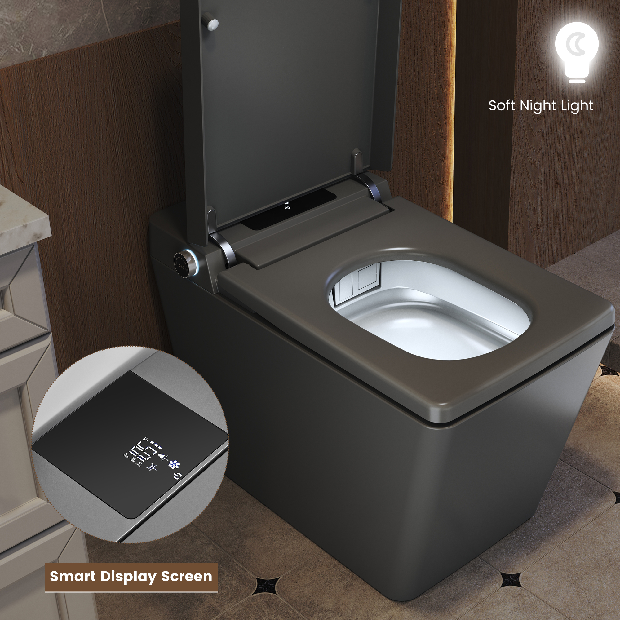 Square Smart Bidet Toilet with Heated Seat and Radar Sensor Lid
