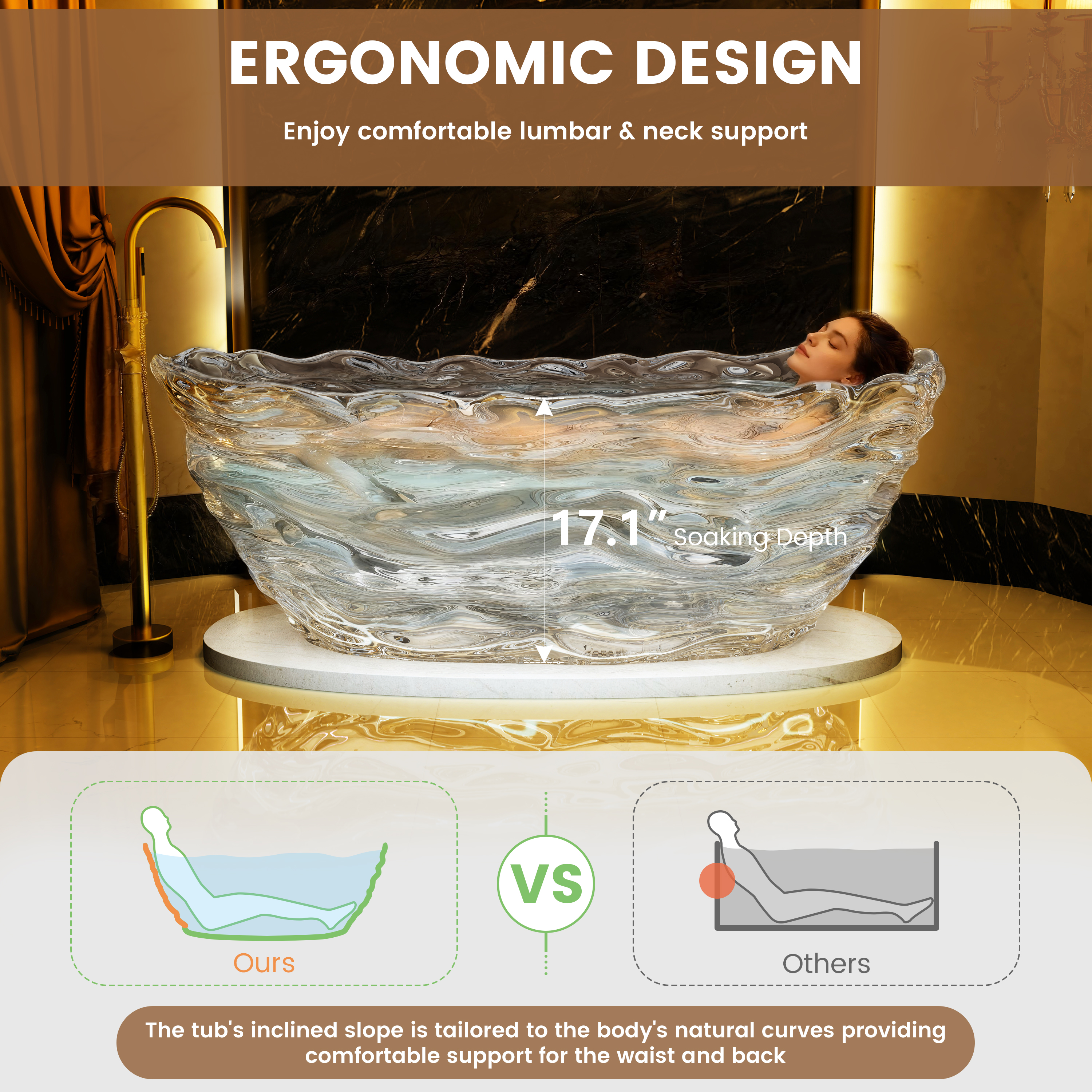 69" Sculptural Transparent Resin Freestanding Soaking Bathtub 