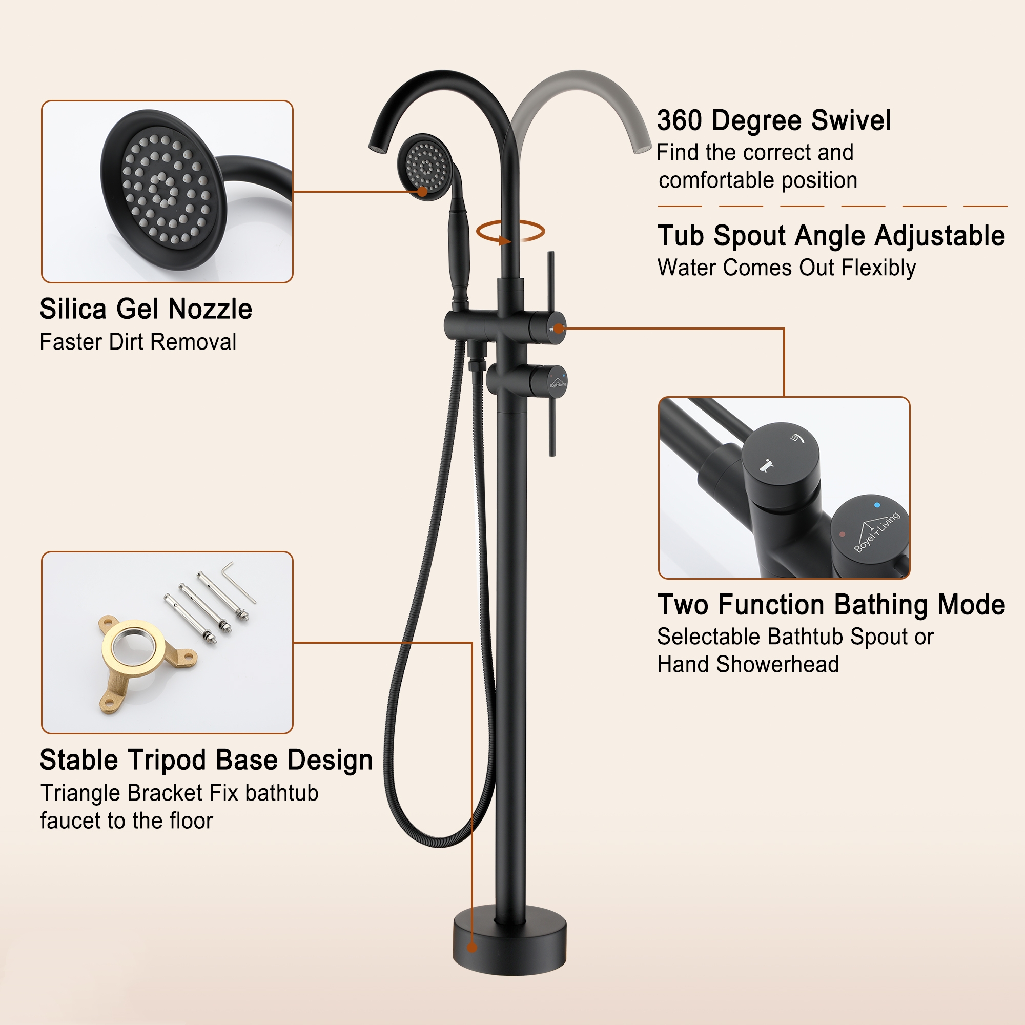Freestanding Bathtub Faucet with Handheld Shower & Double Handles