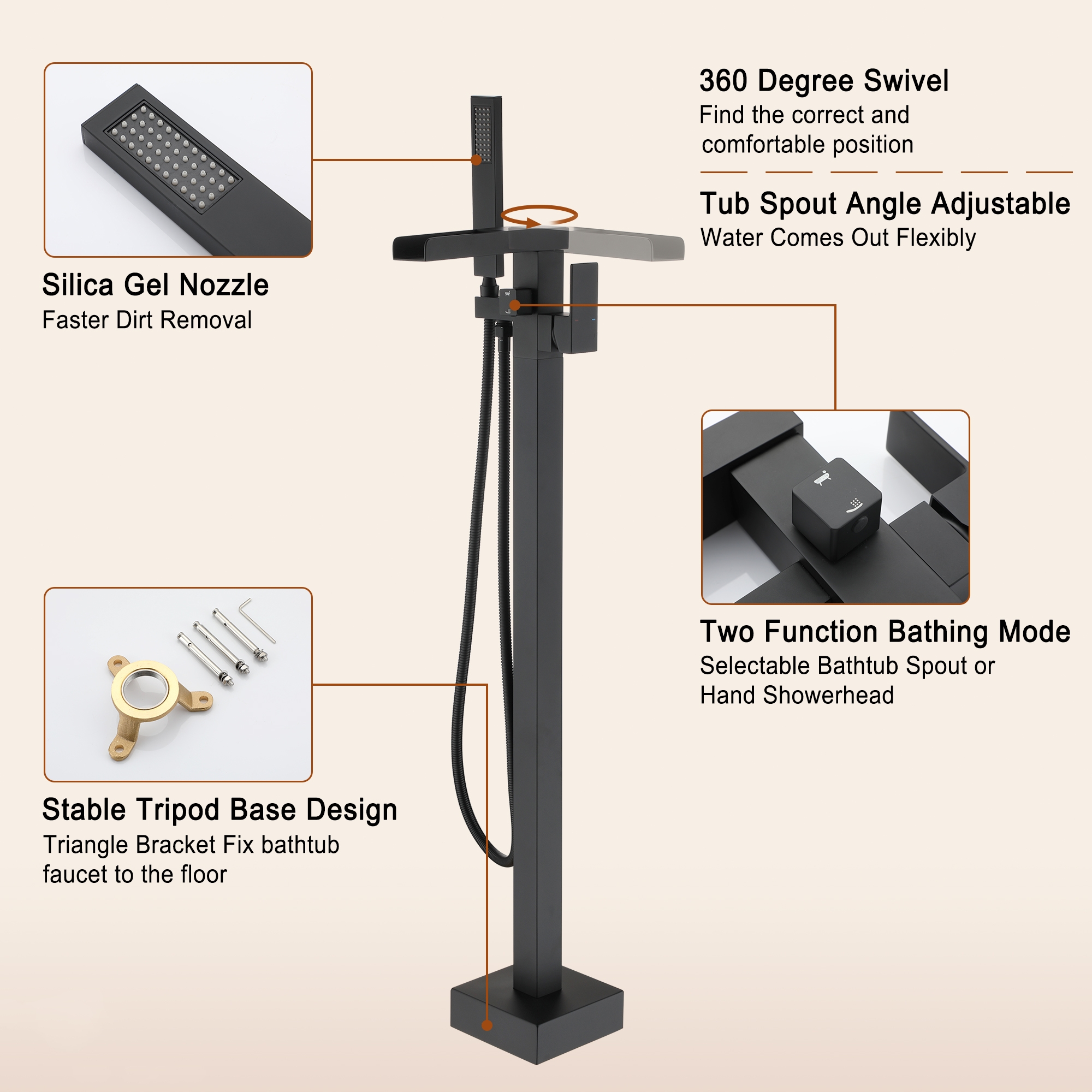 Single-Handle Freestanding Waterfall Bathtub Faucet with Handheld Shower