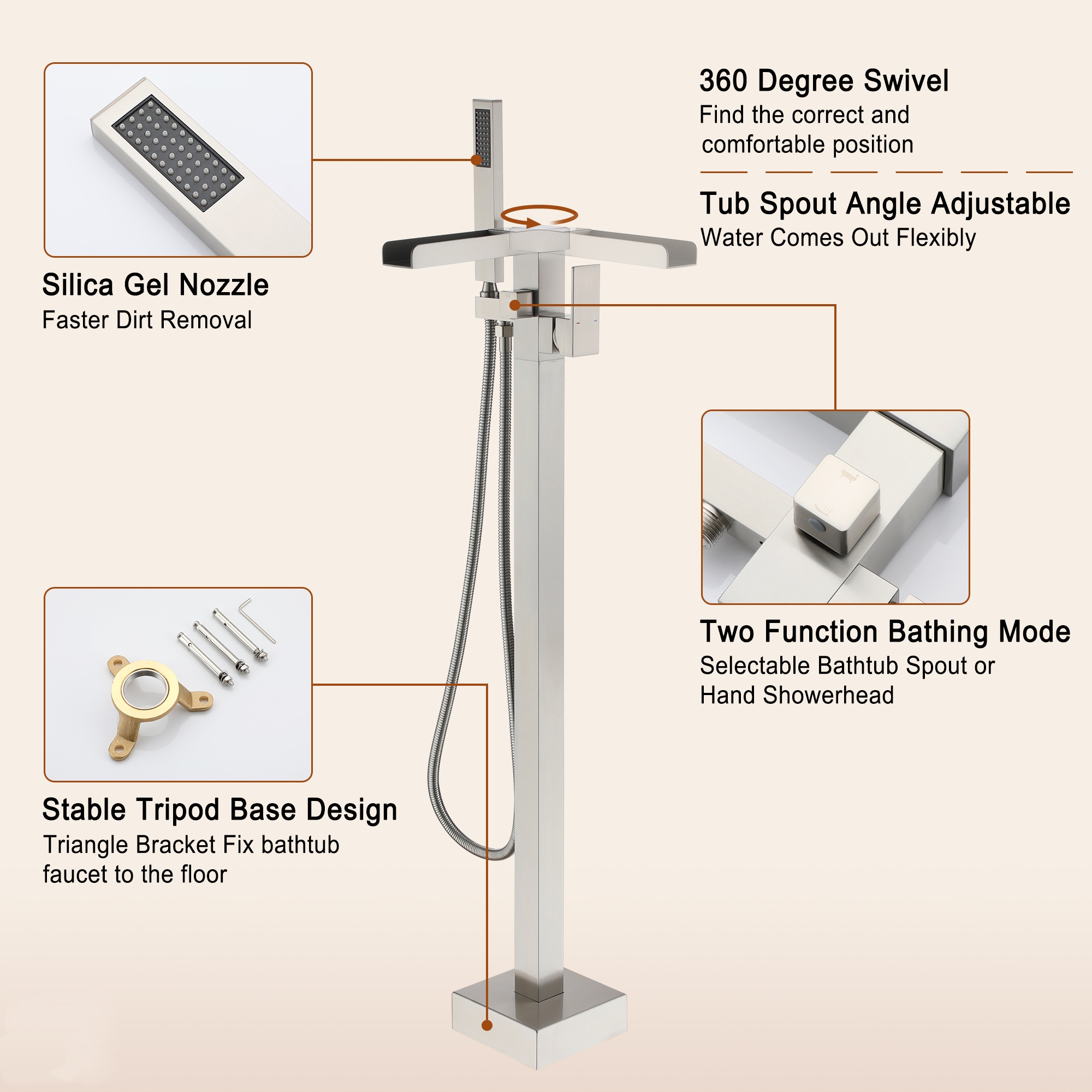 Single-Handle Freestanding Waterfall Bathtub Faucet with Handheld Shower