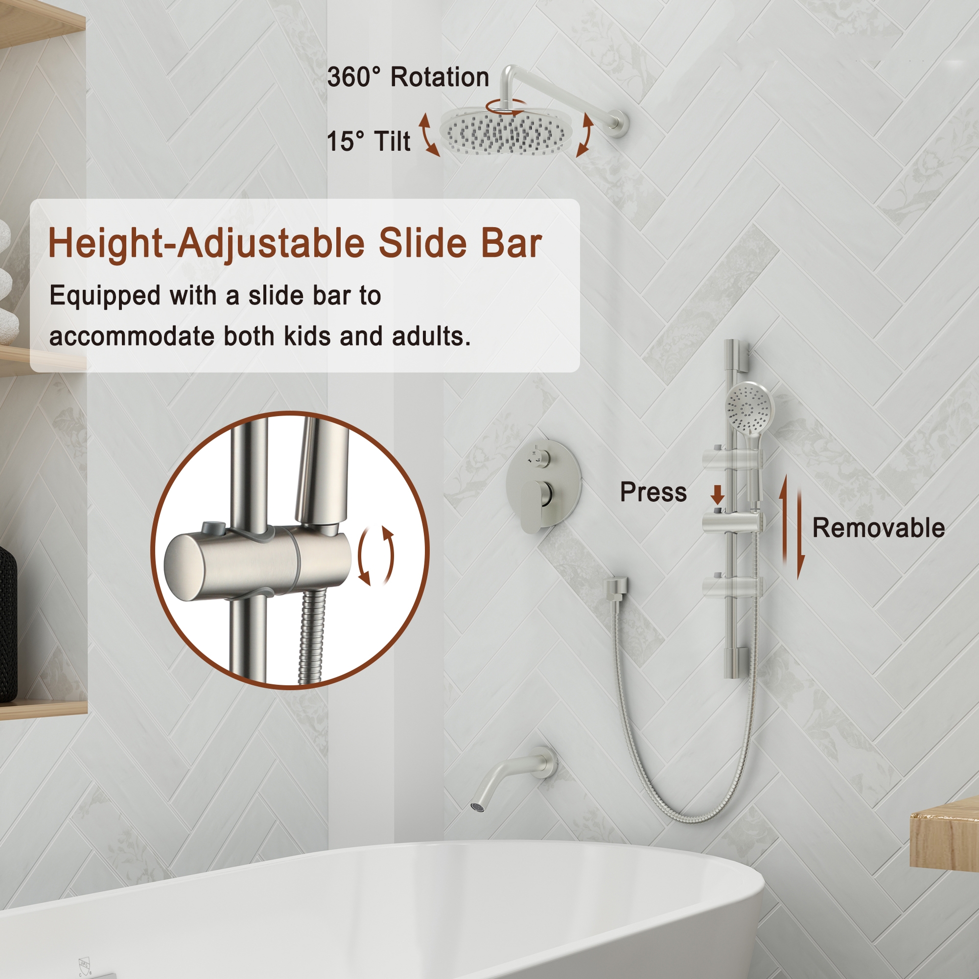 9-inch 3-Function Shower Faucet Set with Tub Spout & Slide Bar