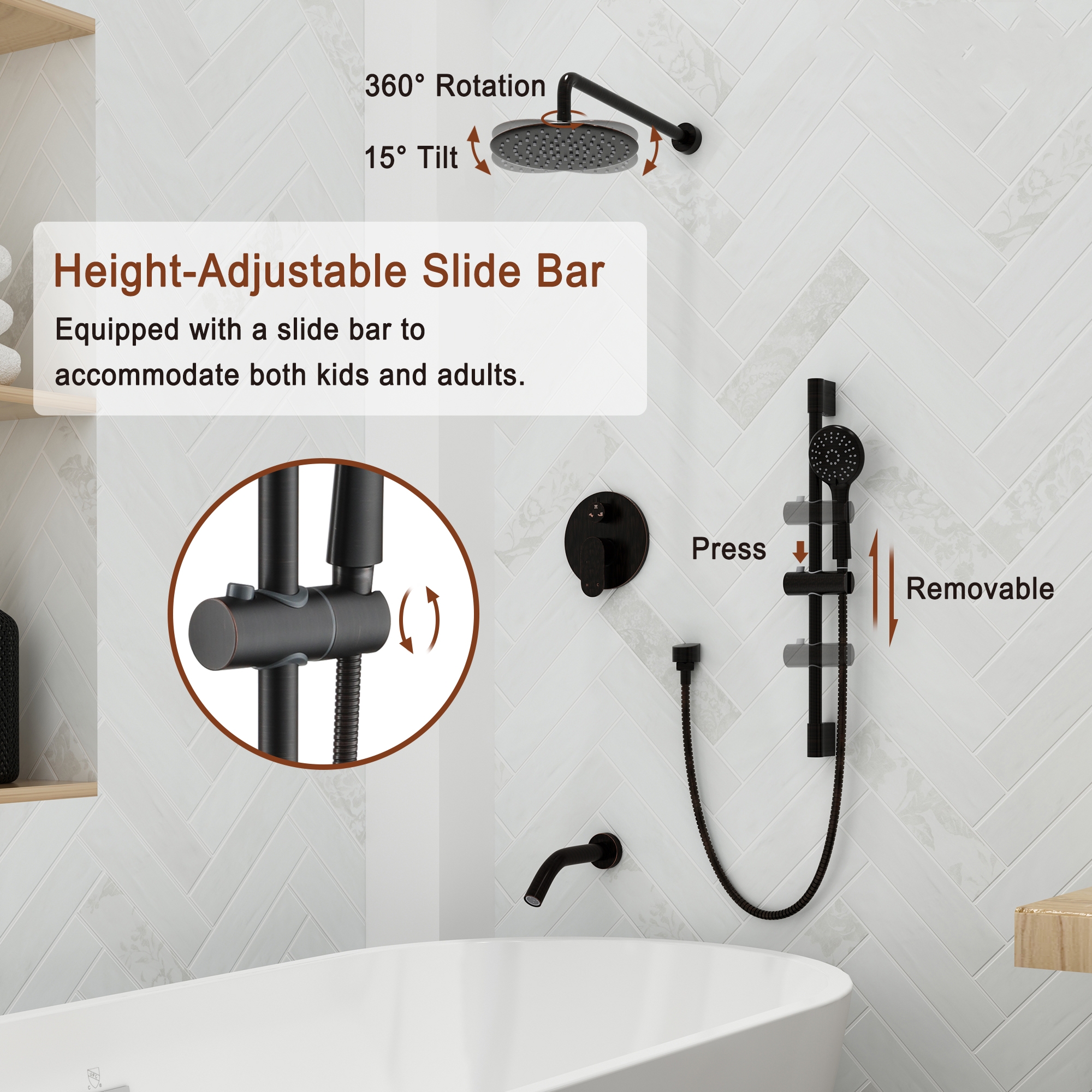 9-inch 3-Function Shower Faucet Set with Tub Spout & Slide Bar