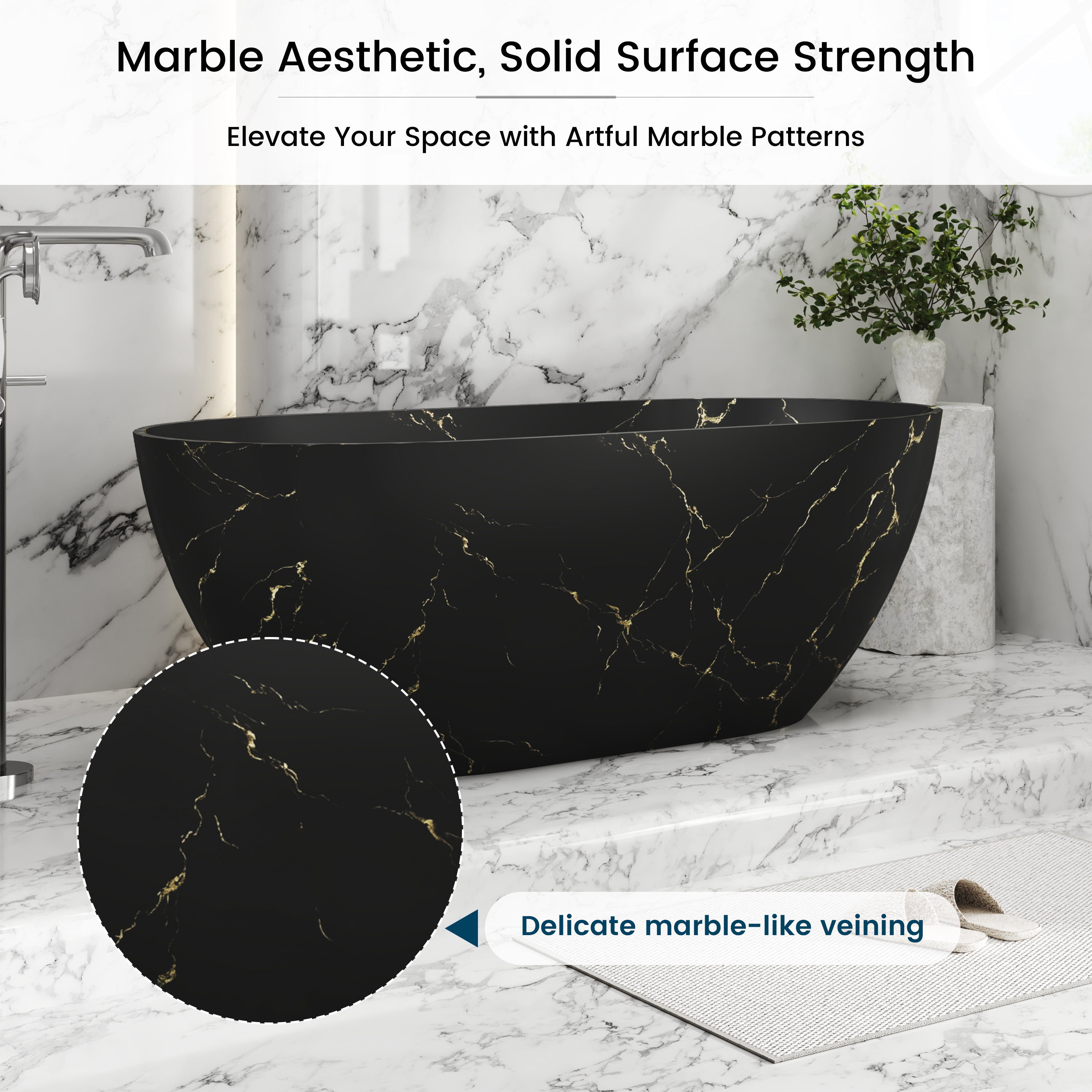 59" Oval Solid Surface Freestanding Bathtub with Black & Gold Star River Pattern
