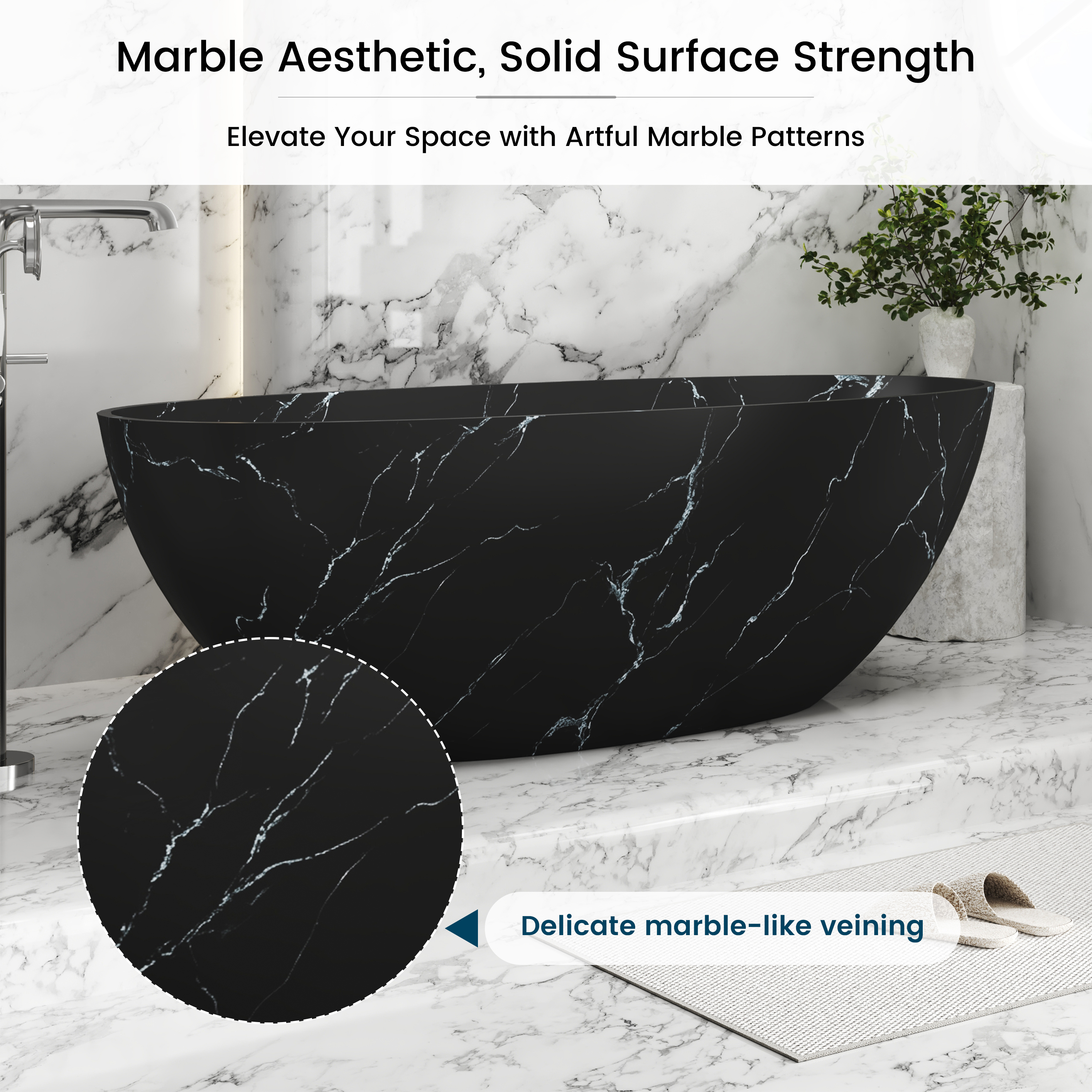 65" Freestanding Solid Surface Oval Bathtub in Marble Look Finish