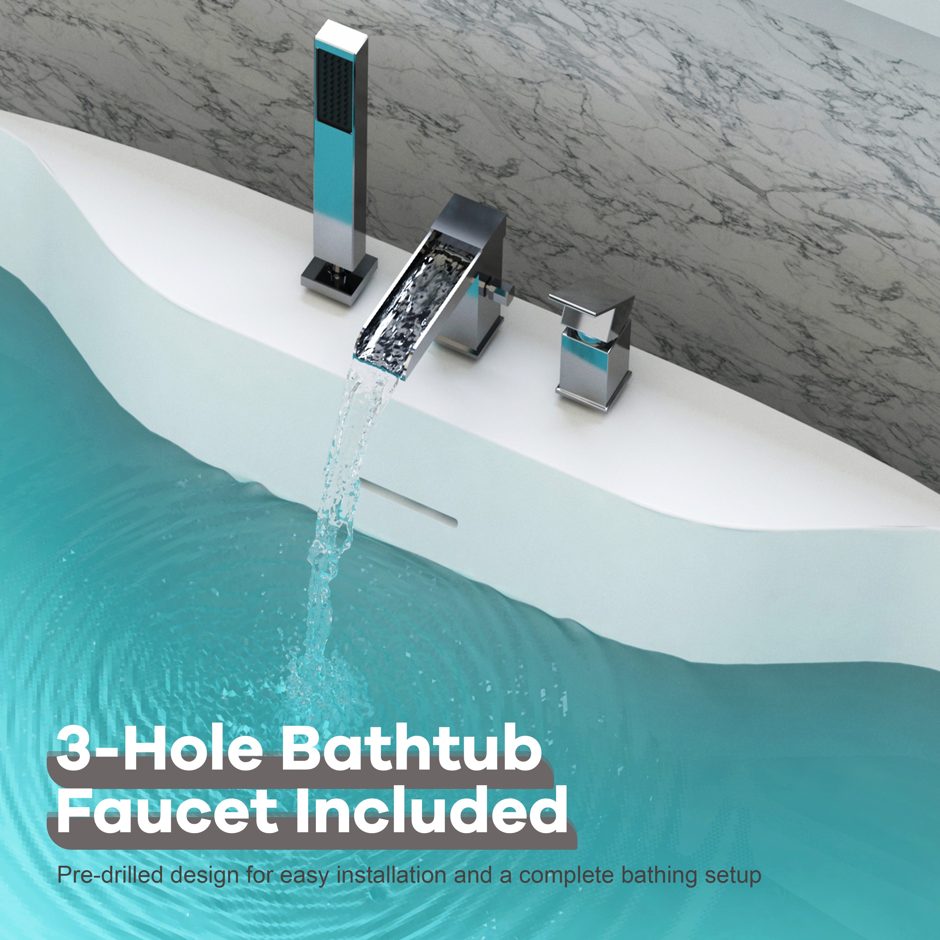 63" Matte White Solid Surface Freestanding Soaking Bathtub with Deck-Mount Faucet Set