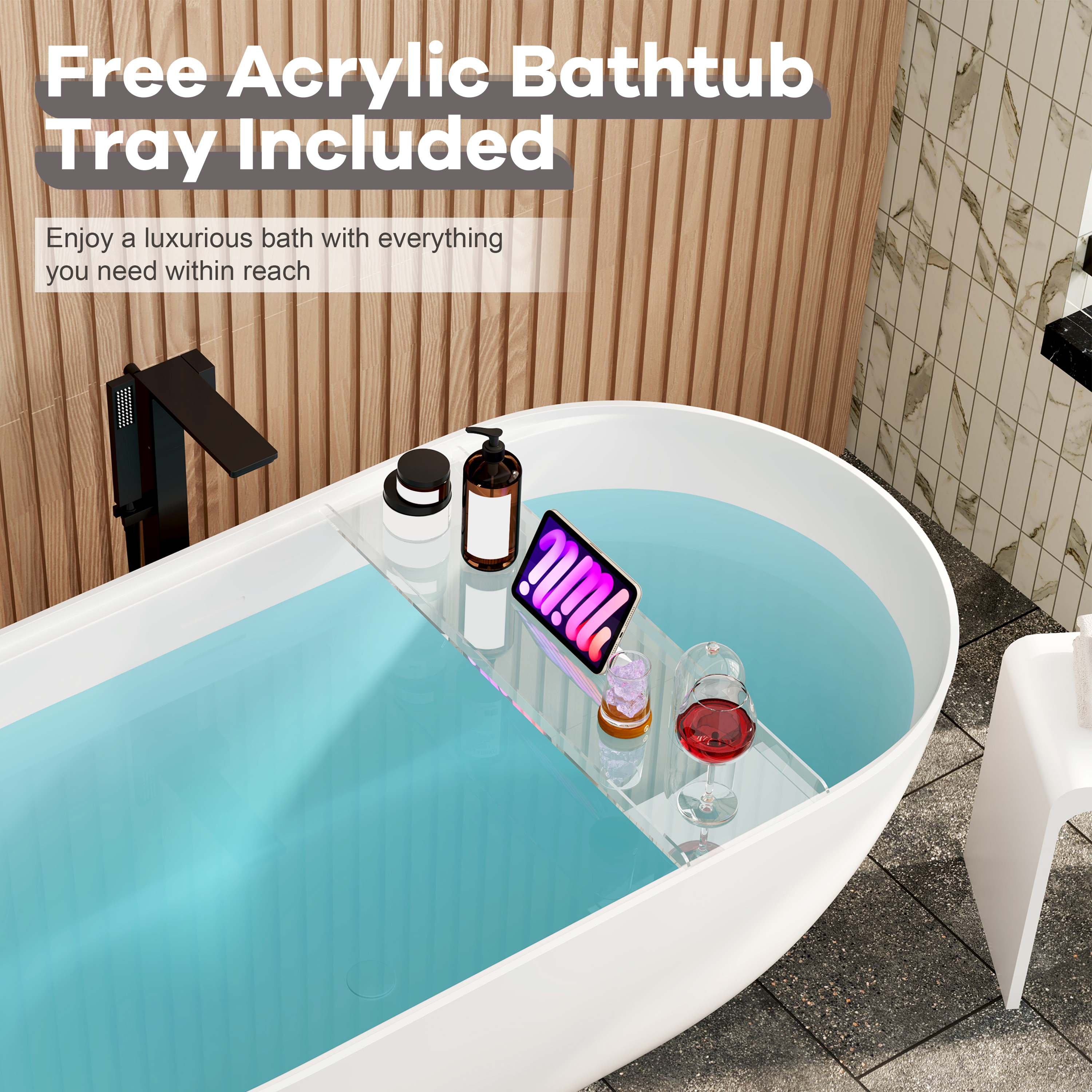 59" Matte White Solid Surface Freestanding Soaking Tub with Bath Caddy