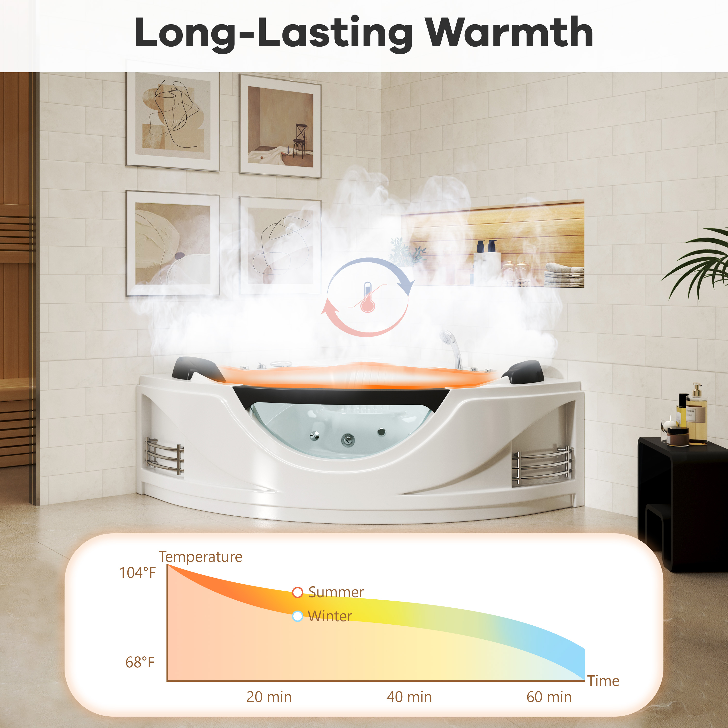 59" Corner Whirlpool Massage Bathtub for 2 Persons with Hydrotherapy Jets & LED Mood Lighting