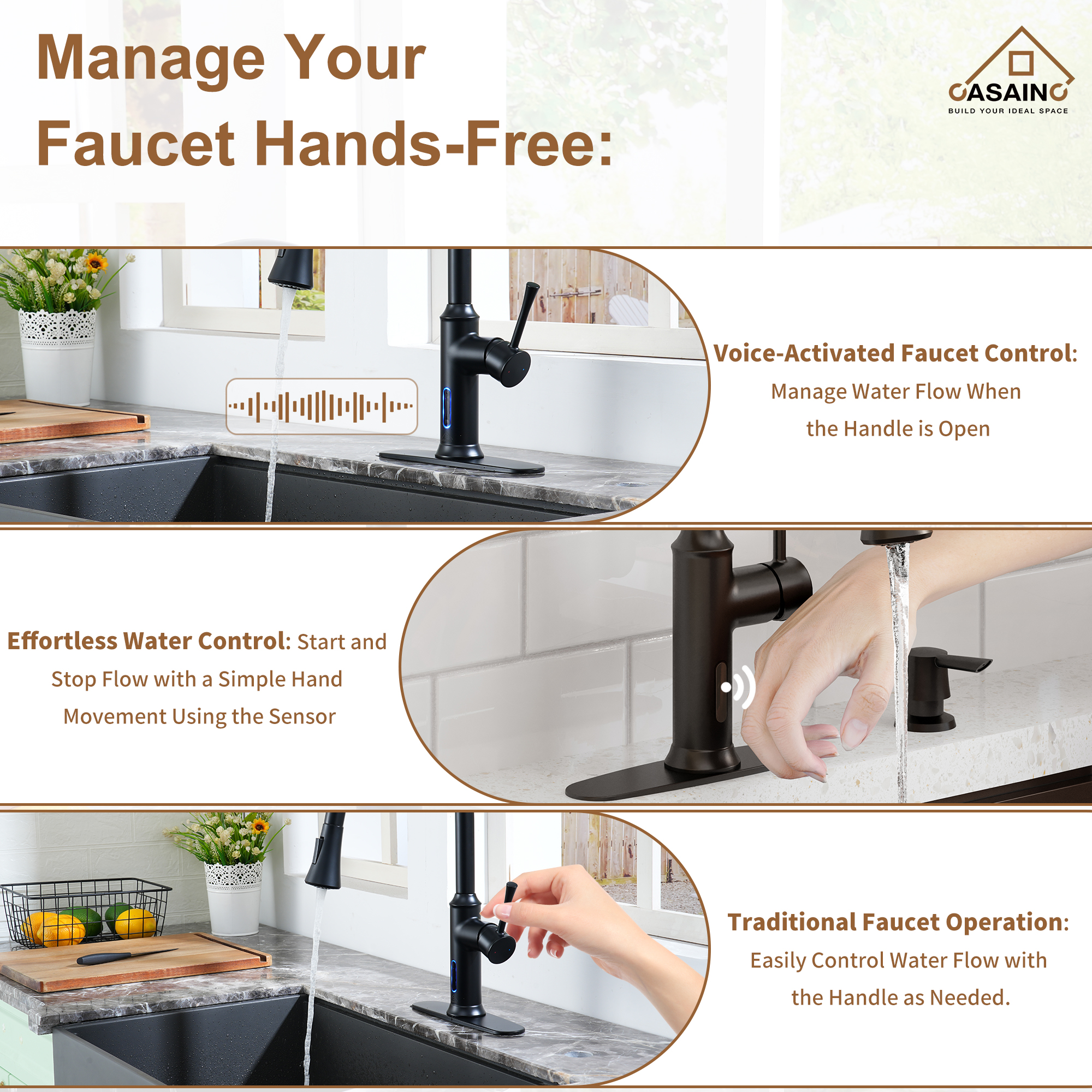 Smart Voice-Controlled Kitchen Faucet with Pull Down Sprayer and Touchless Technology