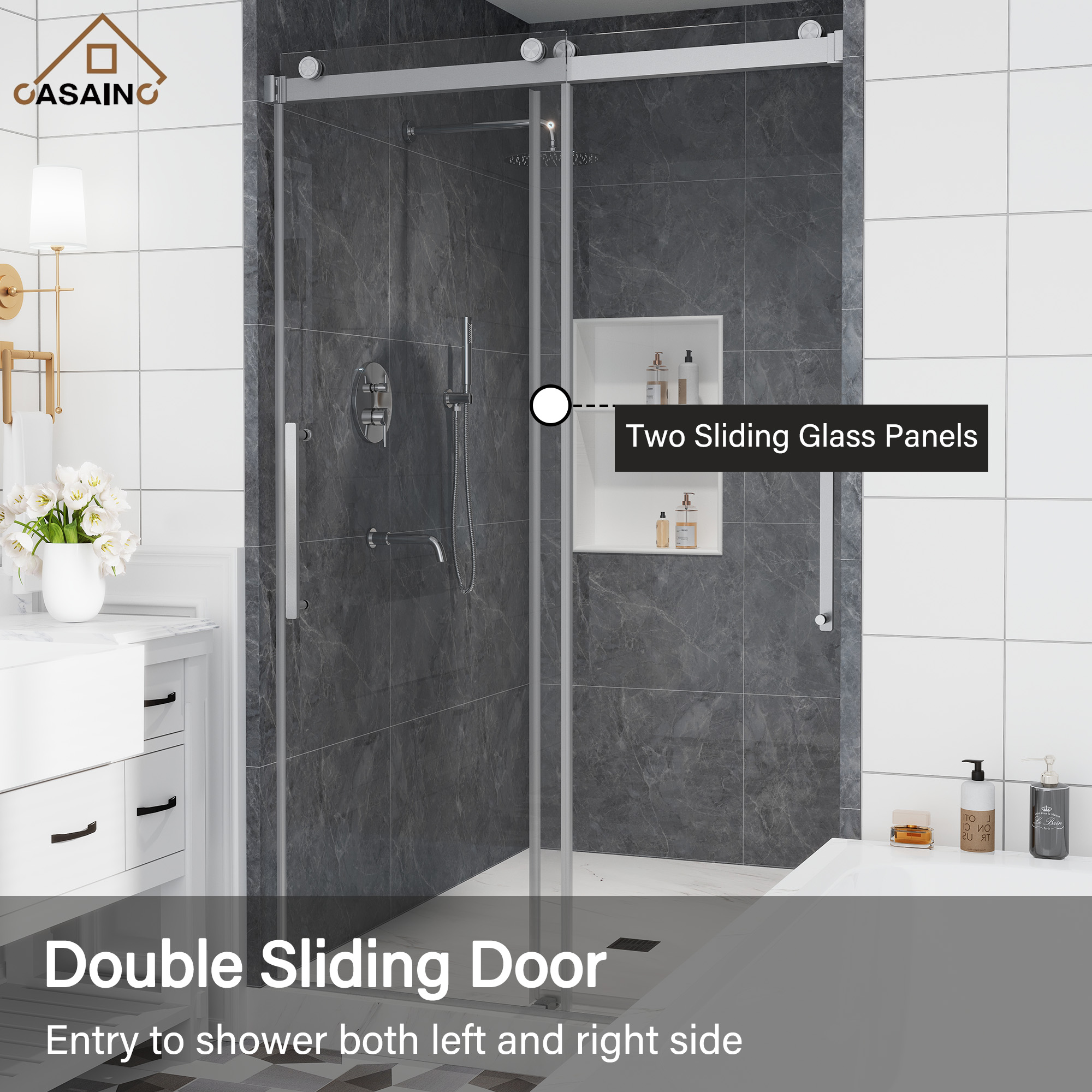 48"x76" Double Sliding Frameless Shower Door in Matte Black/Brushed Nickel/Chrome, Tempered Safety Glass and Reversible Installation