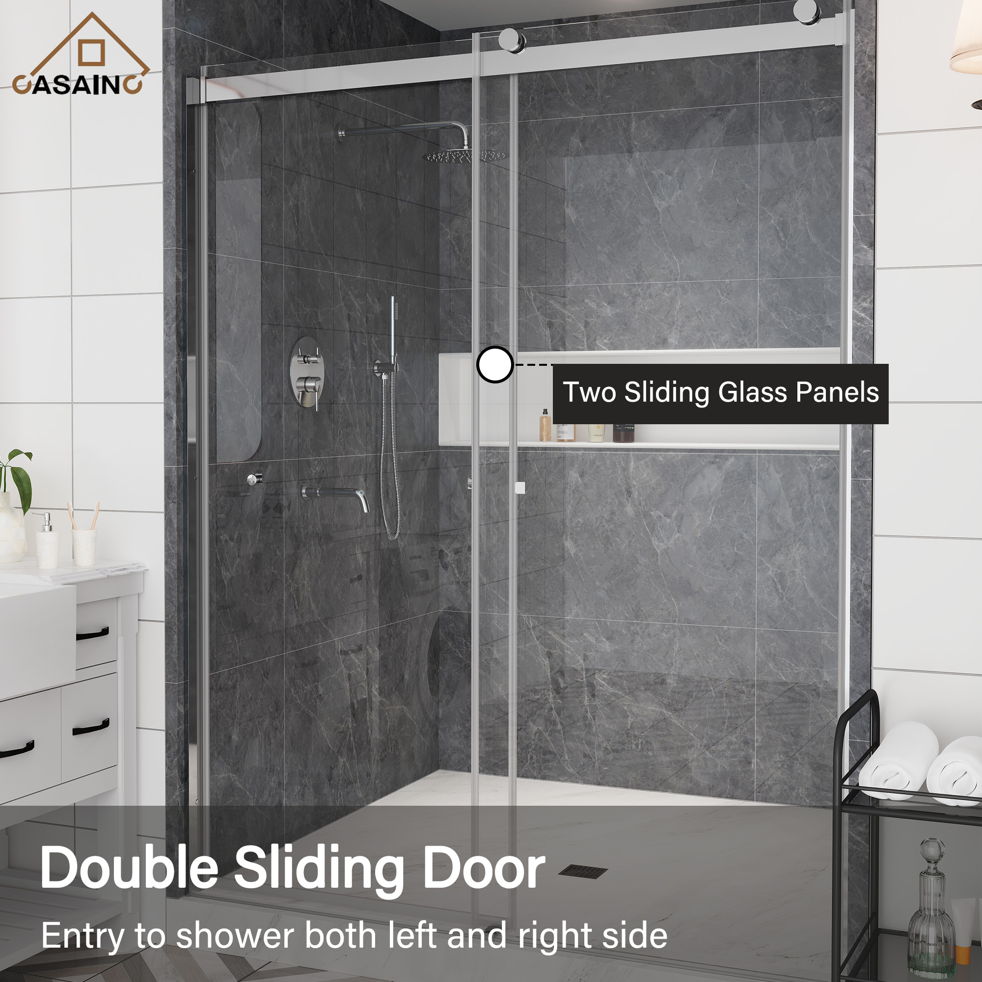 60"x76" Double Sliding Frameless Shower Door in Matte Black/Brushed Nickel/Chrome, 5/16" Thick Tempered Glass Shower Enclosure