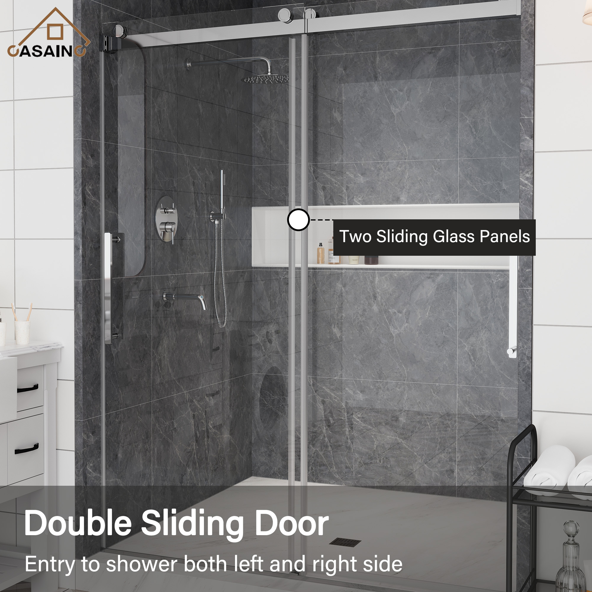 60"x76" Double Sliding Frameless Shower Door in Matte Black/Brushed Nickel/Chrome, Rounded Corners Tempered Glass with SGCC Certification, Reversible Design