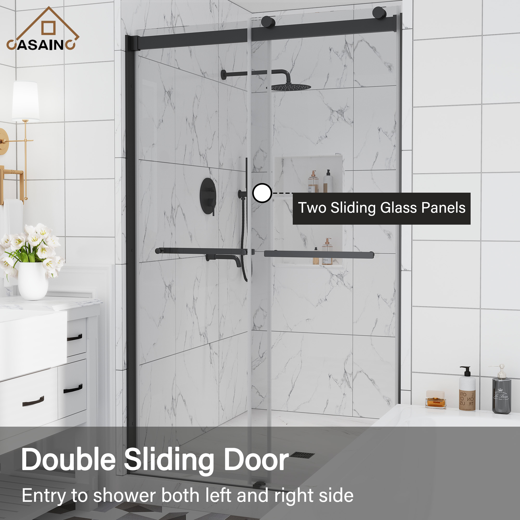 48"x76" Double Frameless Shower Door in Matte Black/Brushed Nickel/Chrome, Sliding Shower Enclosure with Rounded Corners Tempered Glass