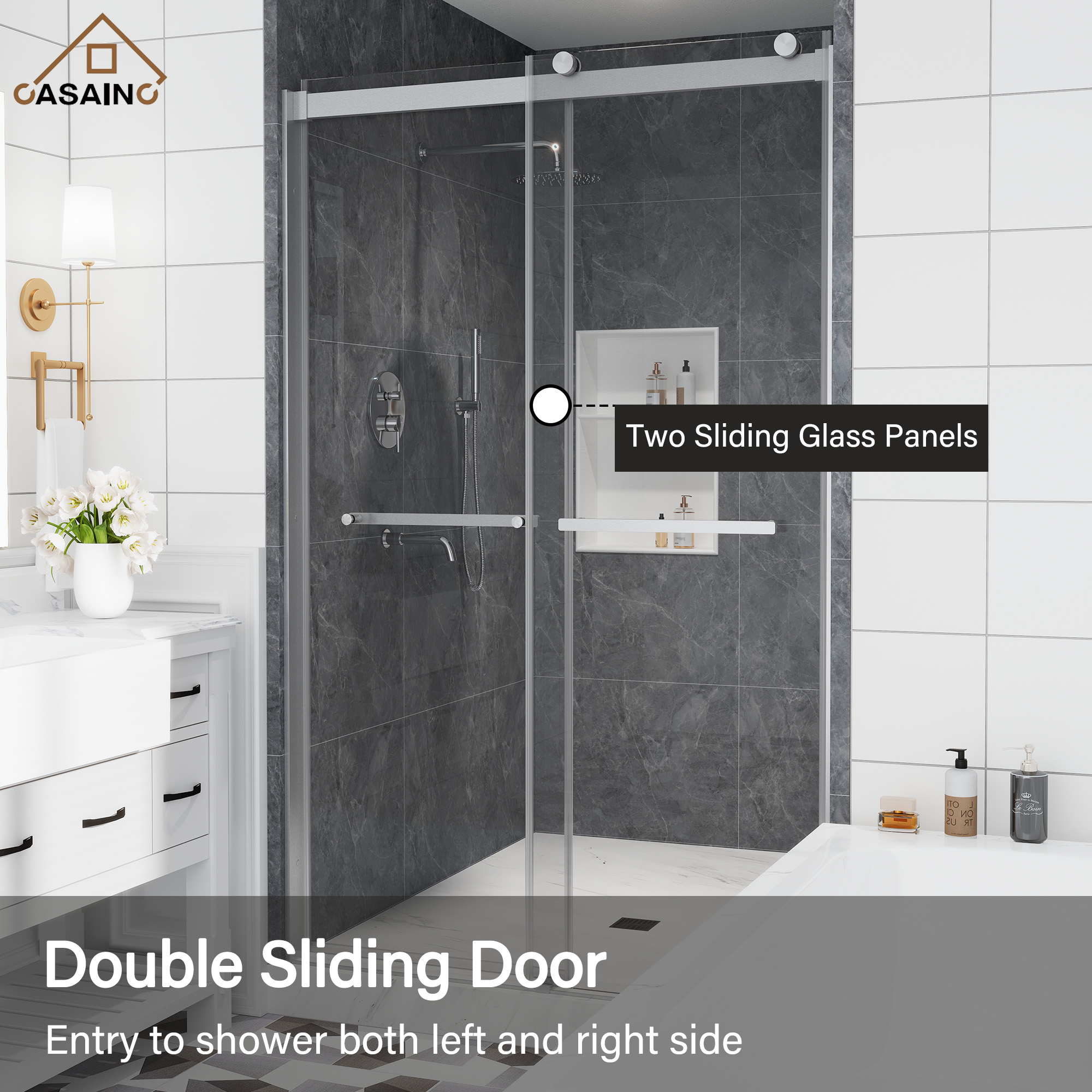 48"x76" Double Frameless Shower Door in Matte Black/Brushed Nickel/Chrome, Sliding Shower Enclosure with Rounded Corners Tempered Glass