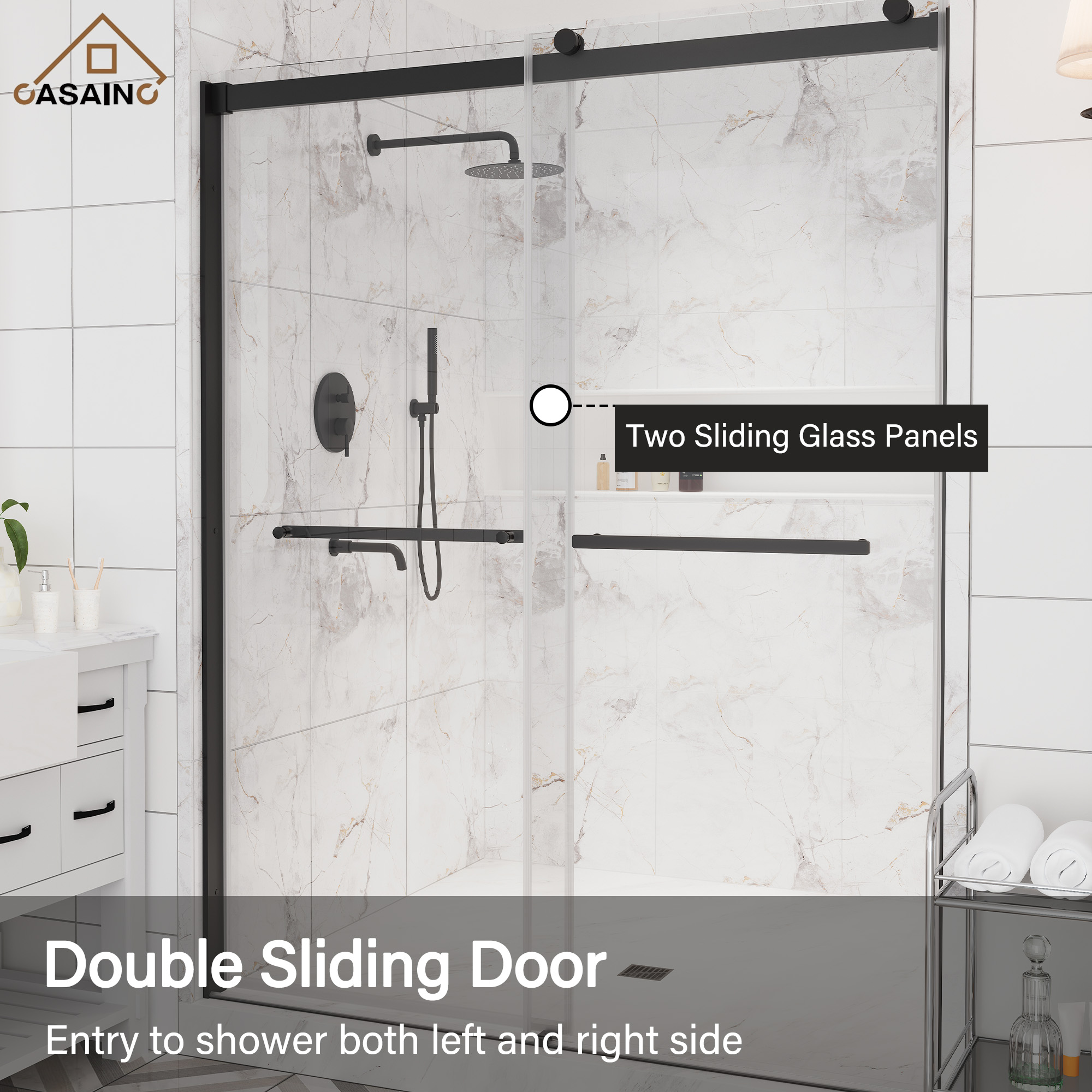 60"x76" Double Sliding Frameless Shower Door in Matte Black/Brushed Nickel/Chrome, 5/16" Thick Tempered Glass Shower Enclosure