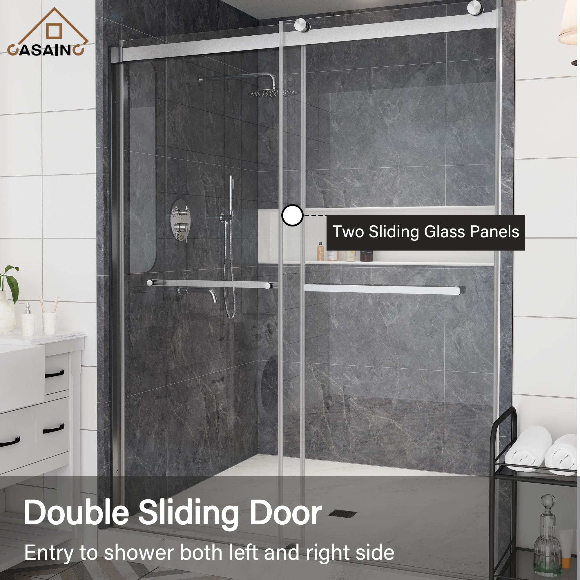 60"x76" Double Sliding Frameless Shower Door in Matte Black/Brushed Nickel/Chrome, 5/16" Thick Tempered Glass Shower Enclosure