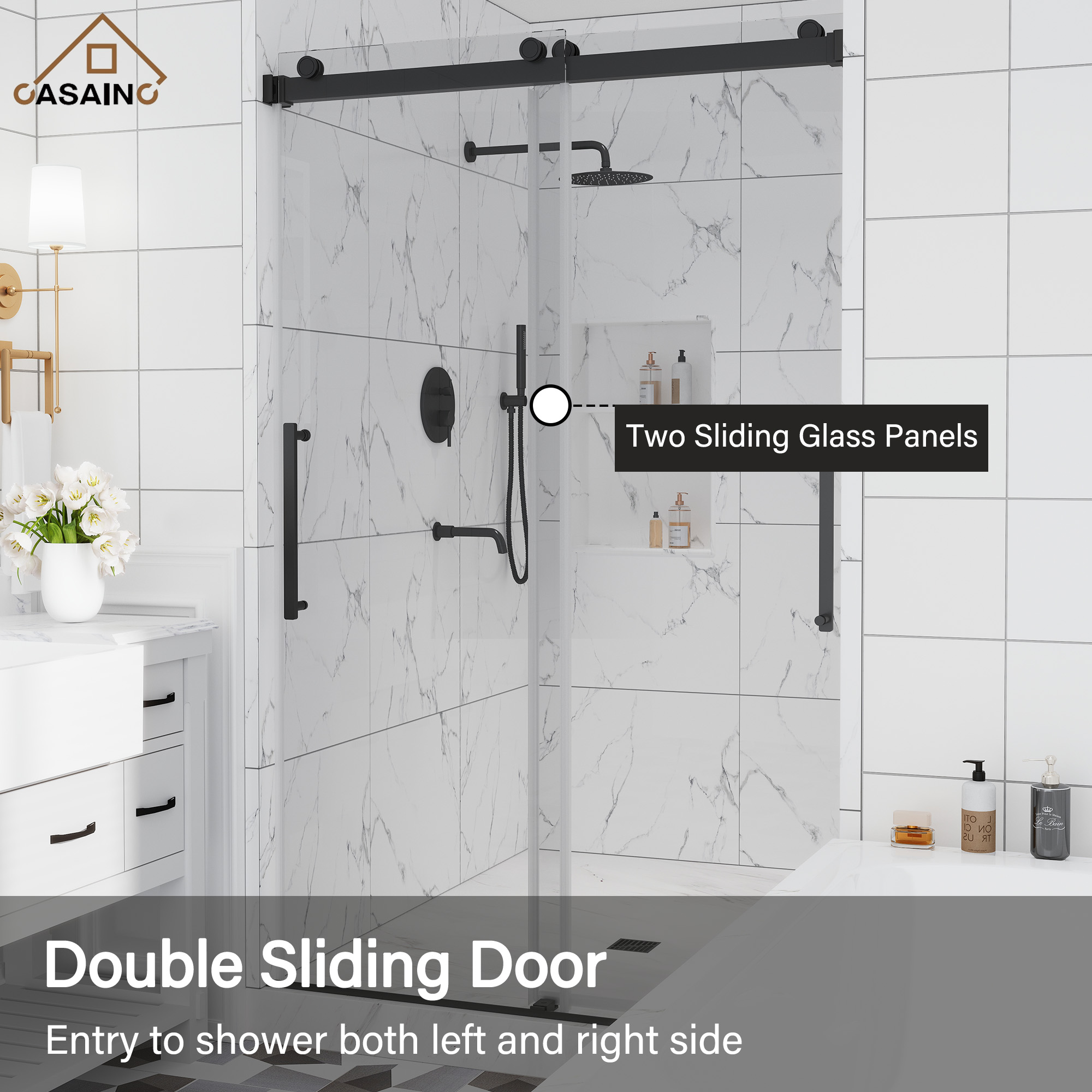 48"x76" Double Sliding Frameless Shower Door in Matte Black/Brushed Nickel/Chrome, Tempered Safety Glass and Reversible Installation