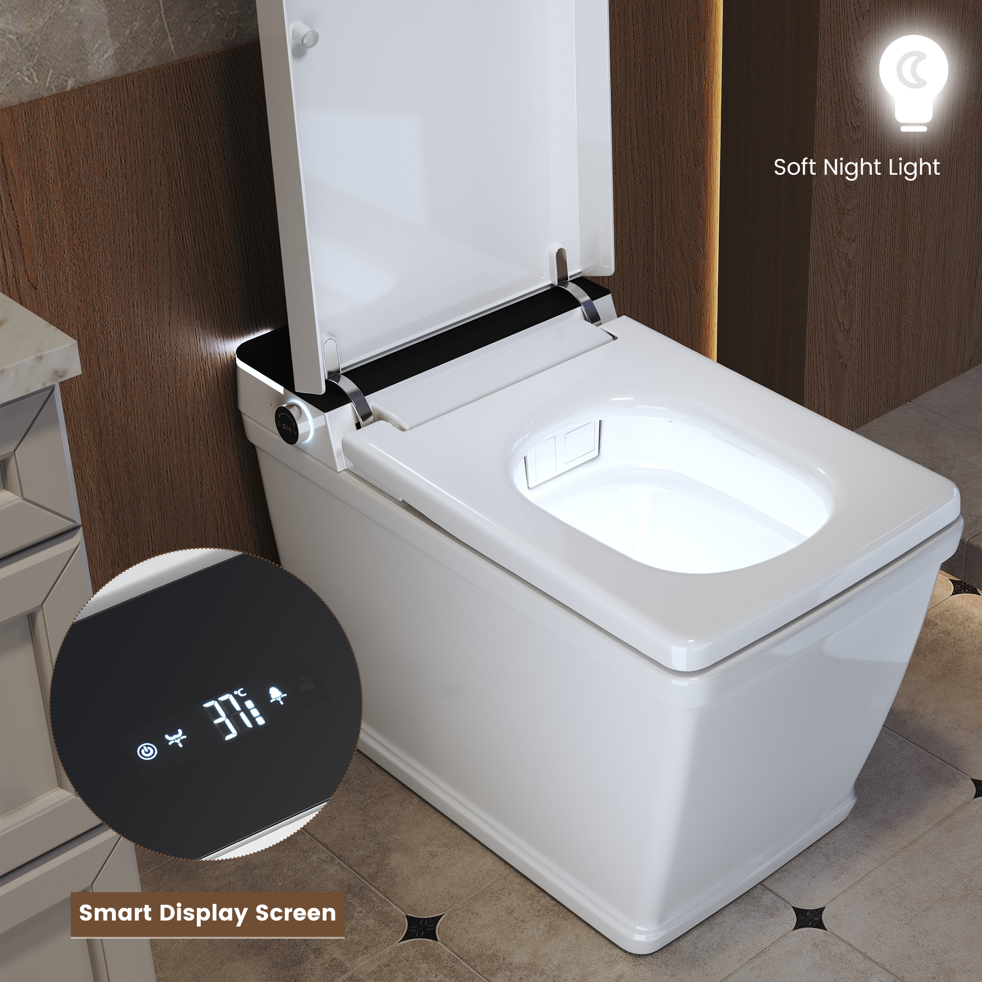 White Elongated Smart Bidet Toilet with UV Sterilization and Remote Control