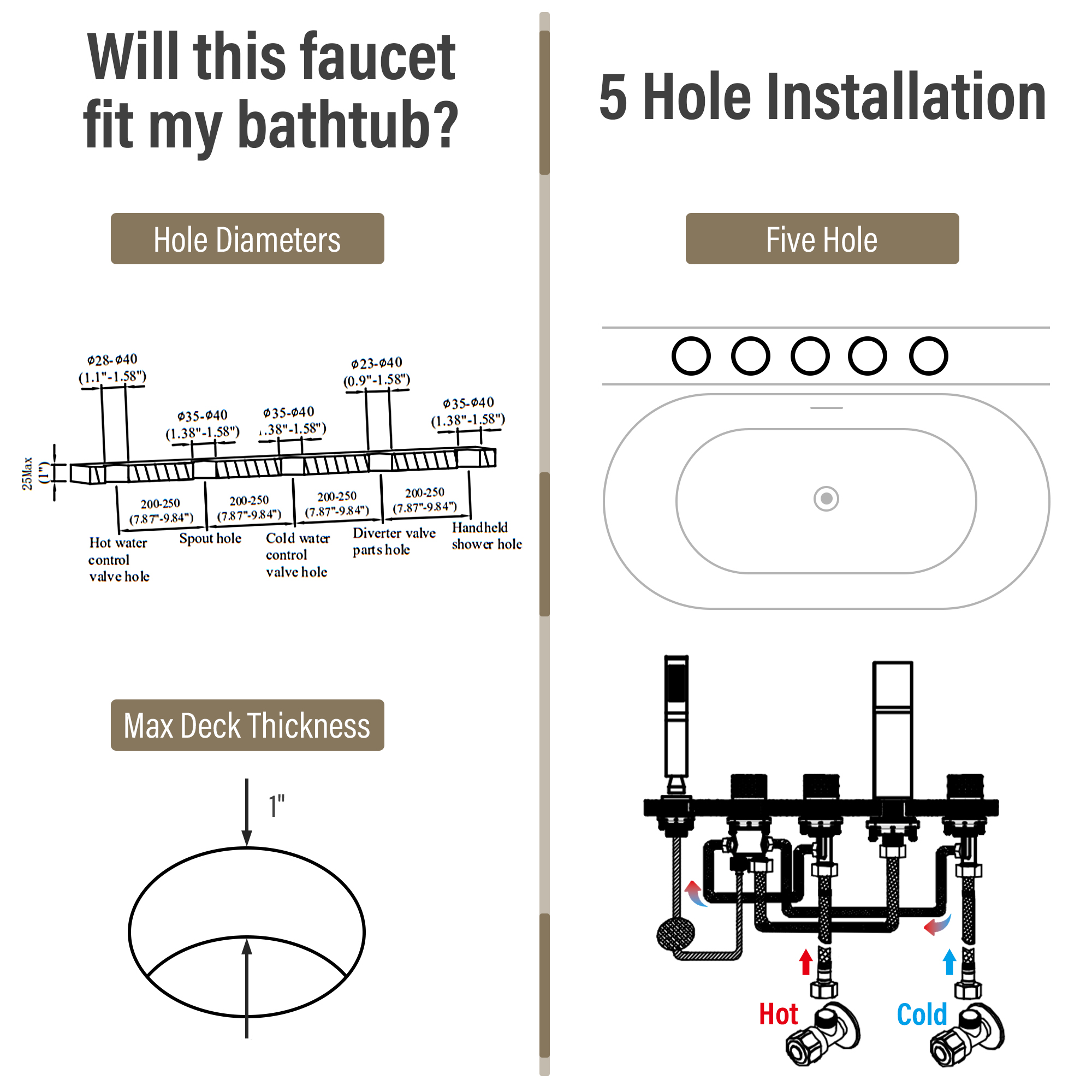 C-Shaped Curved Design 3-Handle Roman Bathtub Faucet with Hand Shower