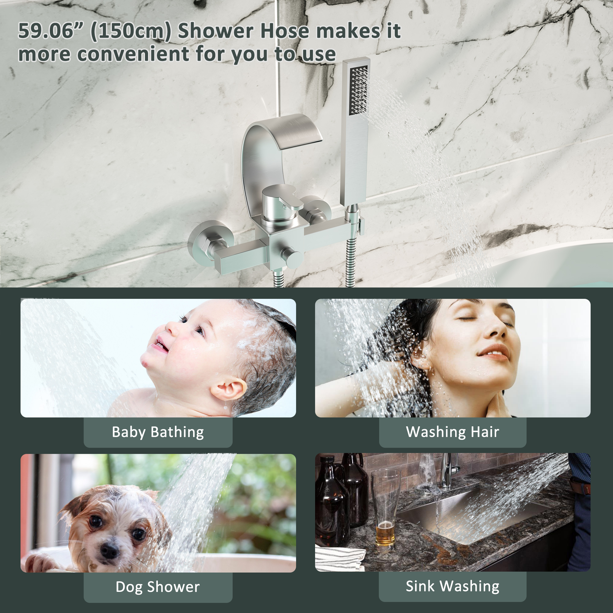 Wall-Mounted Brass Waterfall Tub Filler with Handheld Shower