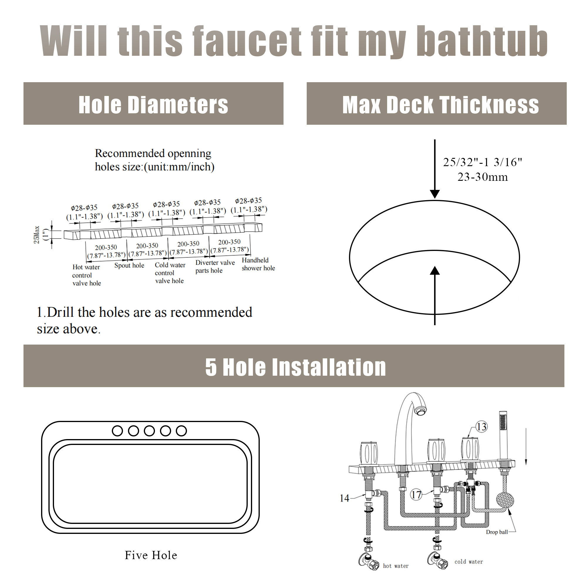 3-Handle Deck-Mounted Waterfall Roman Tub Faucet with Hand Shower