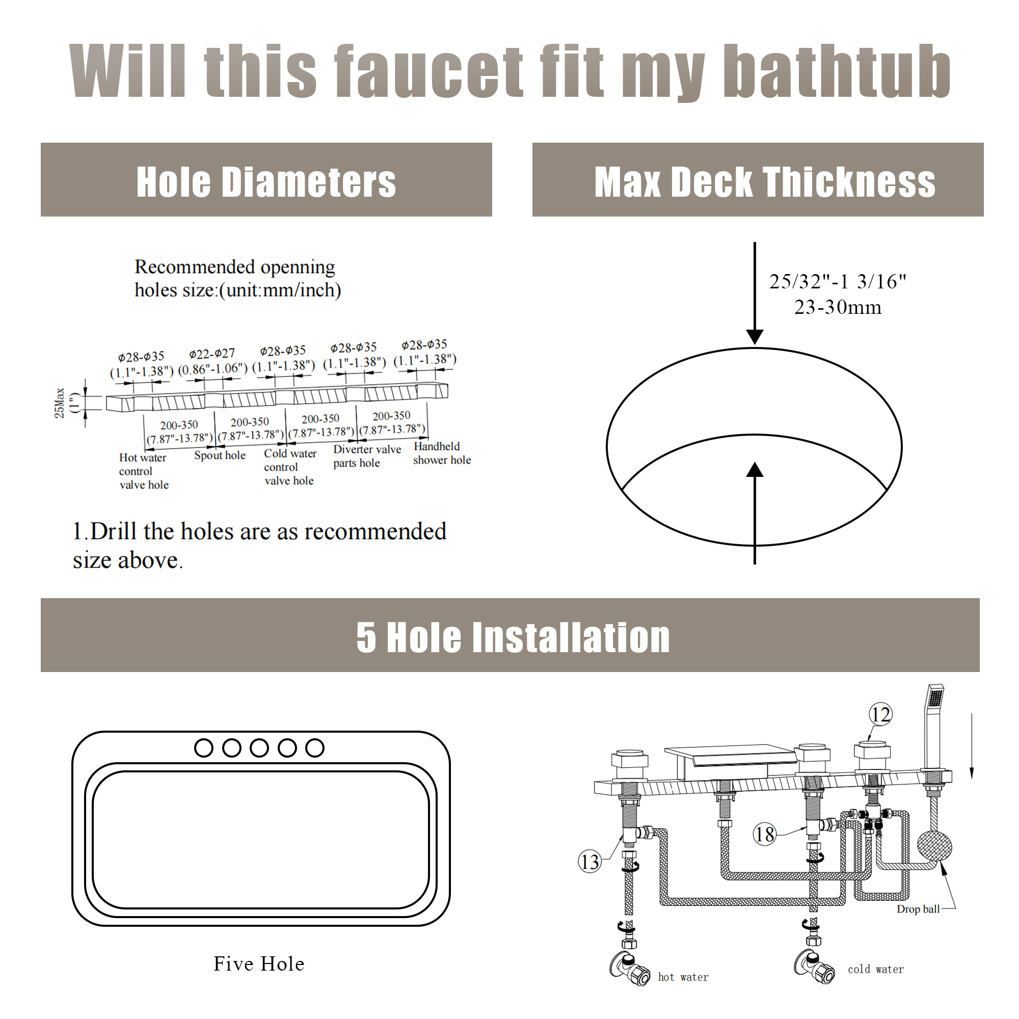 3-Handle 5 Holes Deck-Mounted Bathtub Faucet with Handheld Shower
