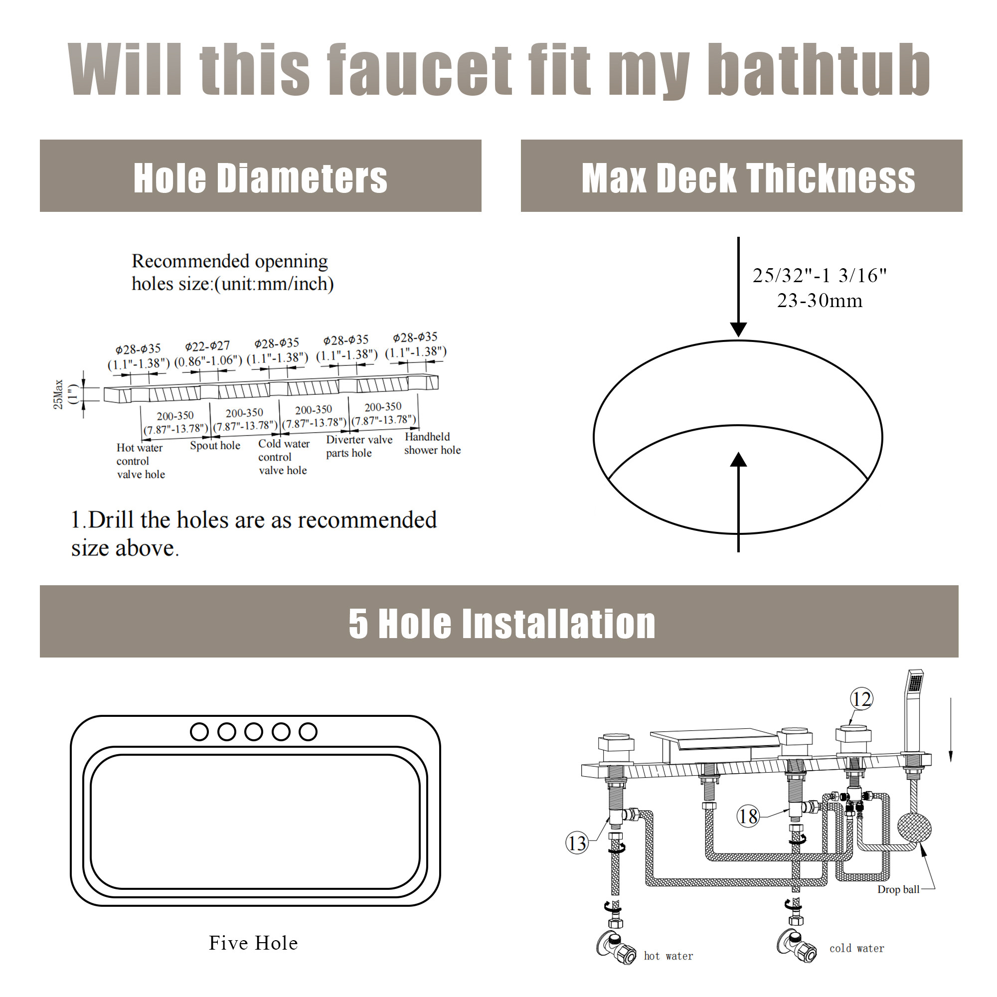 3-Handle 5 Holes Deck-Mounted Bathtub Faucet with Handheld Shower