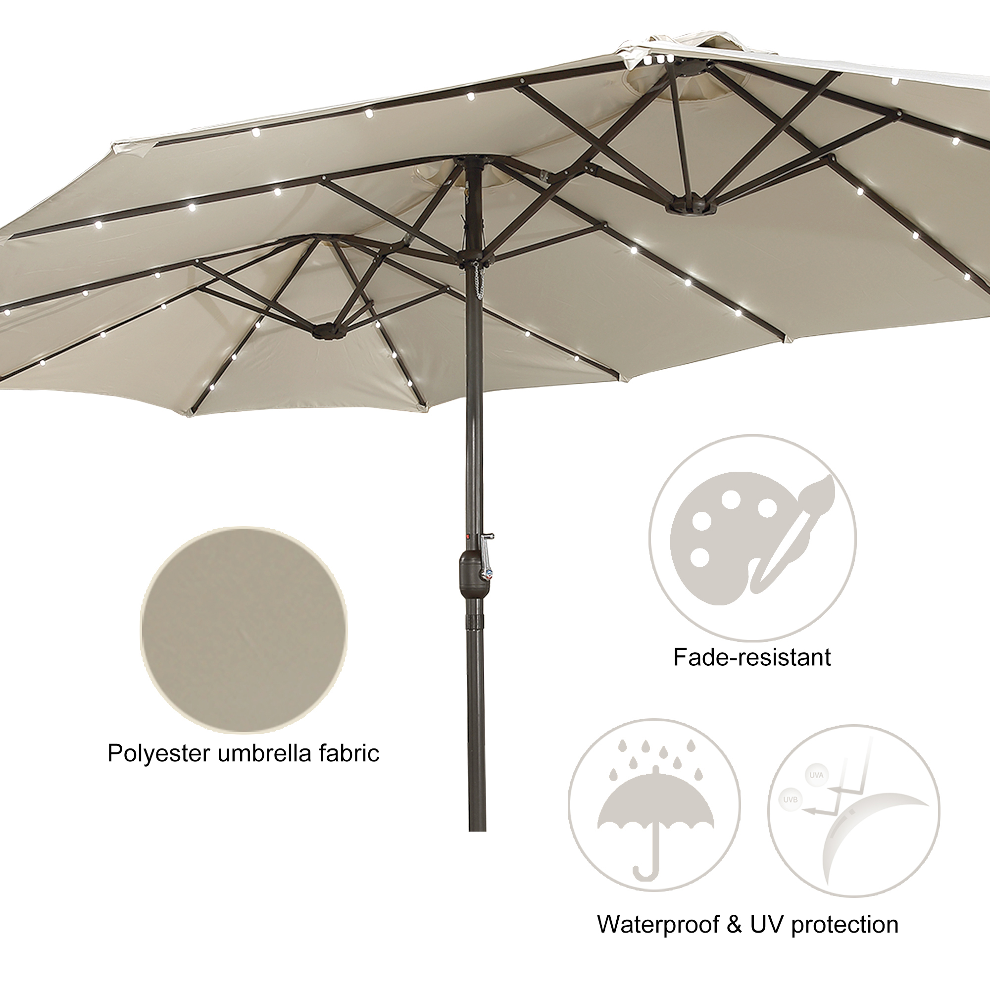 15ft Patio Steel Rectangular Double-Sided Market Umbrella With Base, Classic Design or Solar LED Lights Options,UV Sun Protection & Easy Crank for Deck Pool Patio.