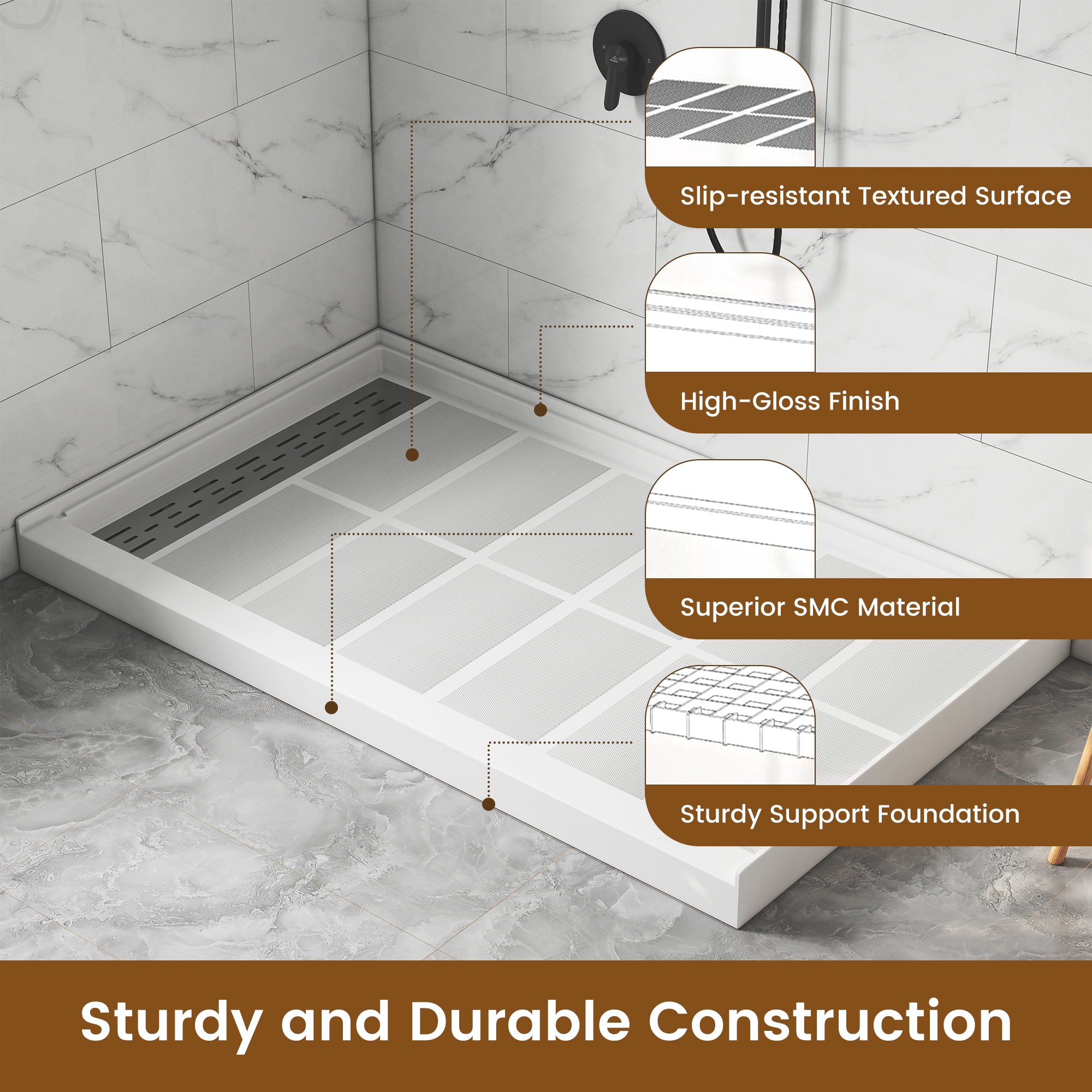 60"x36" White SMC Rectangle Single Threshold Shower Pan Base