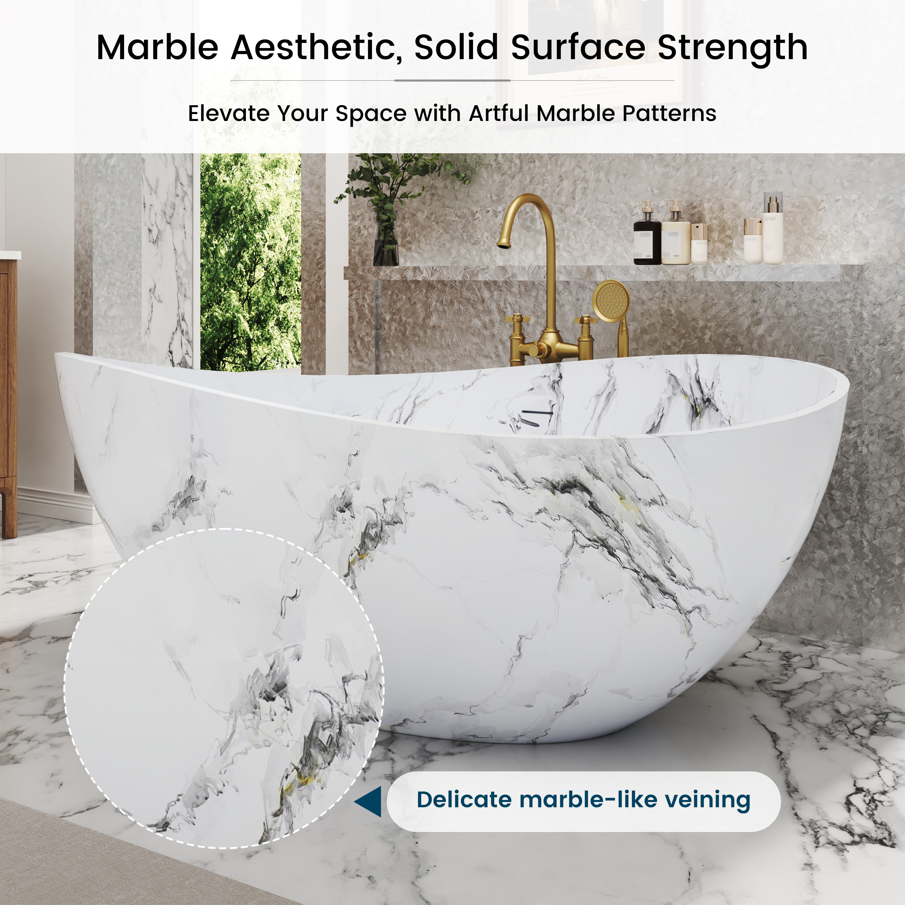 63" Artistic Marble Sculptural Solid Surface Freestanding Soaking Bathtub