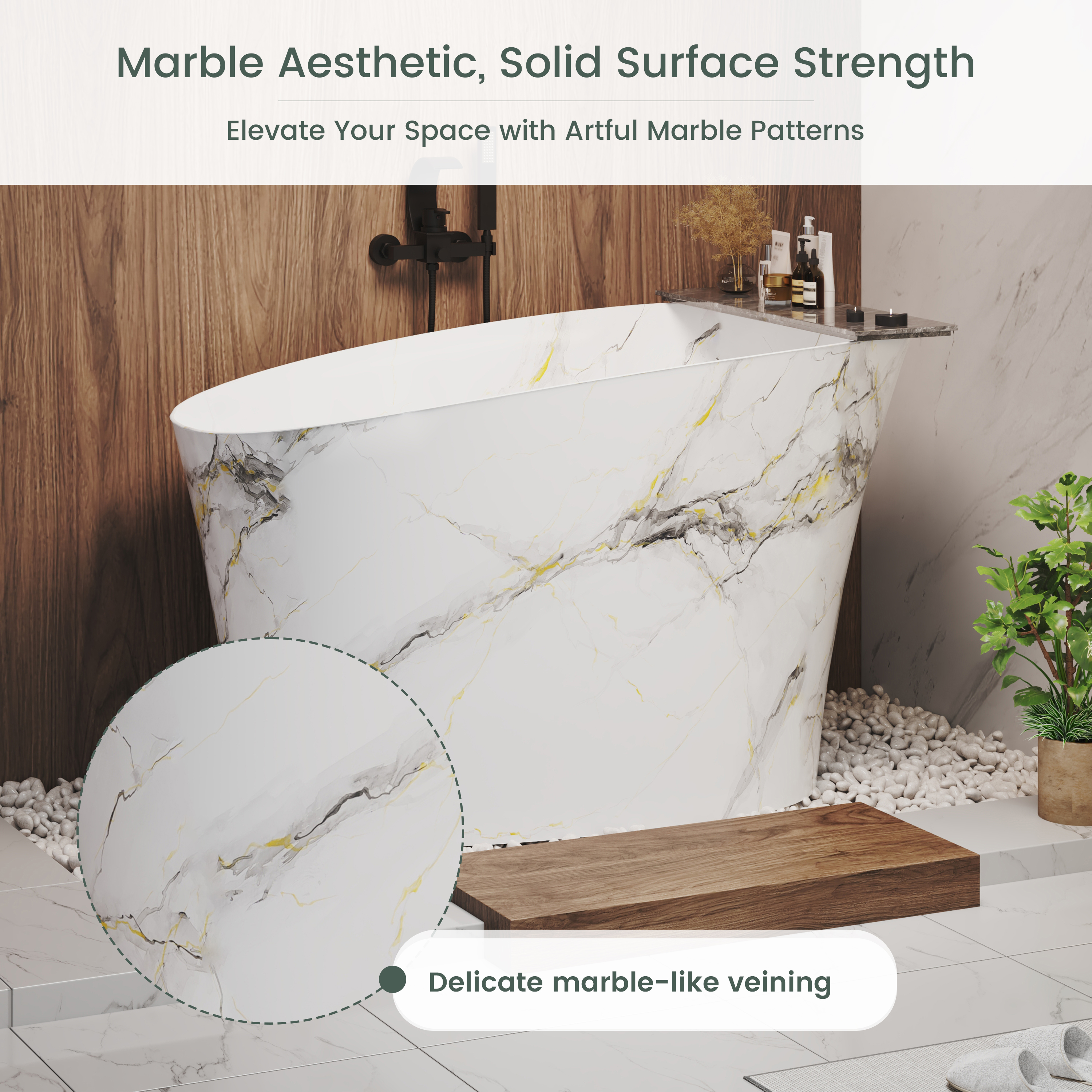 51" Freestanding Solid Surface Soaking Tub with Built-In Seat in Wood Grain & Marble Finish