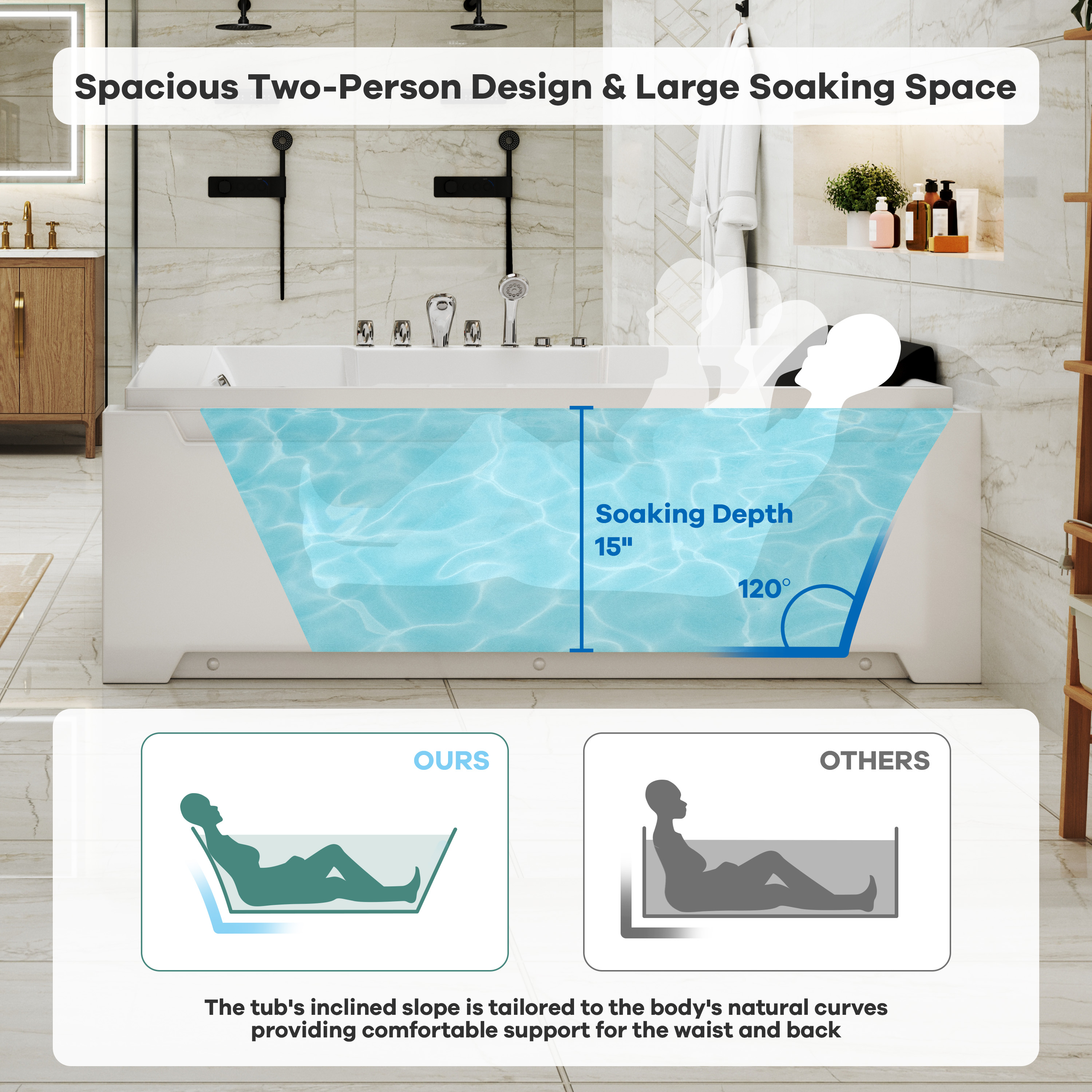 73" Two-Person Whirlpool Tub with Hydro Massage Jets & Chromatherapy Lighting