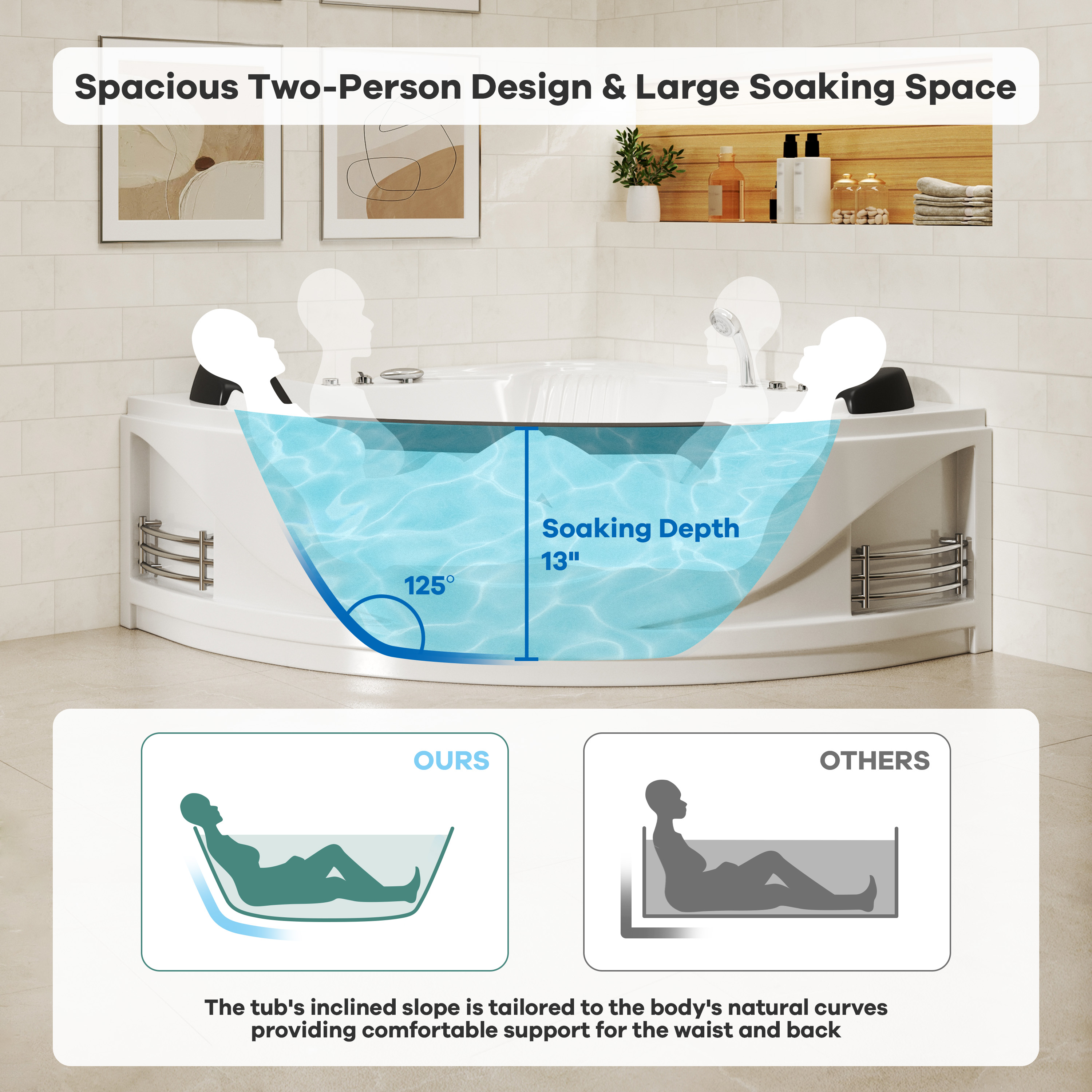 59" Corner Whirlpool Massage Bathtub for 2 Persons with Hydrotherapy Jets & LED Mood Lighting