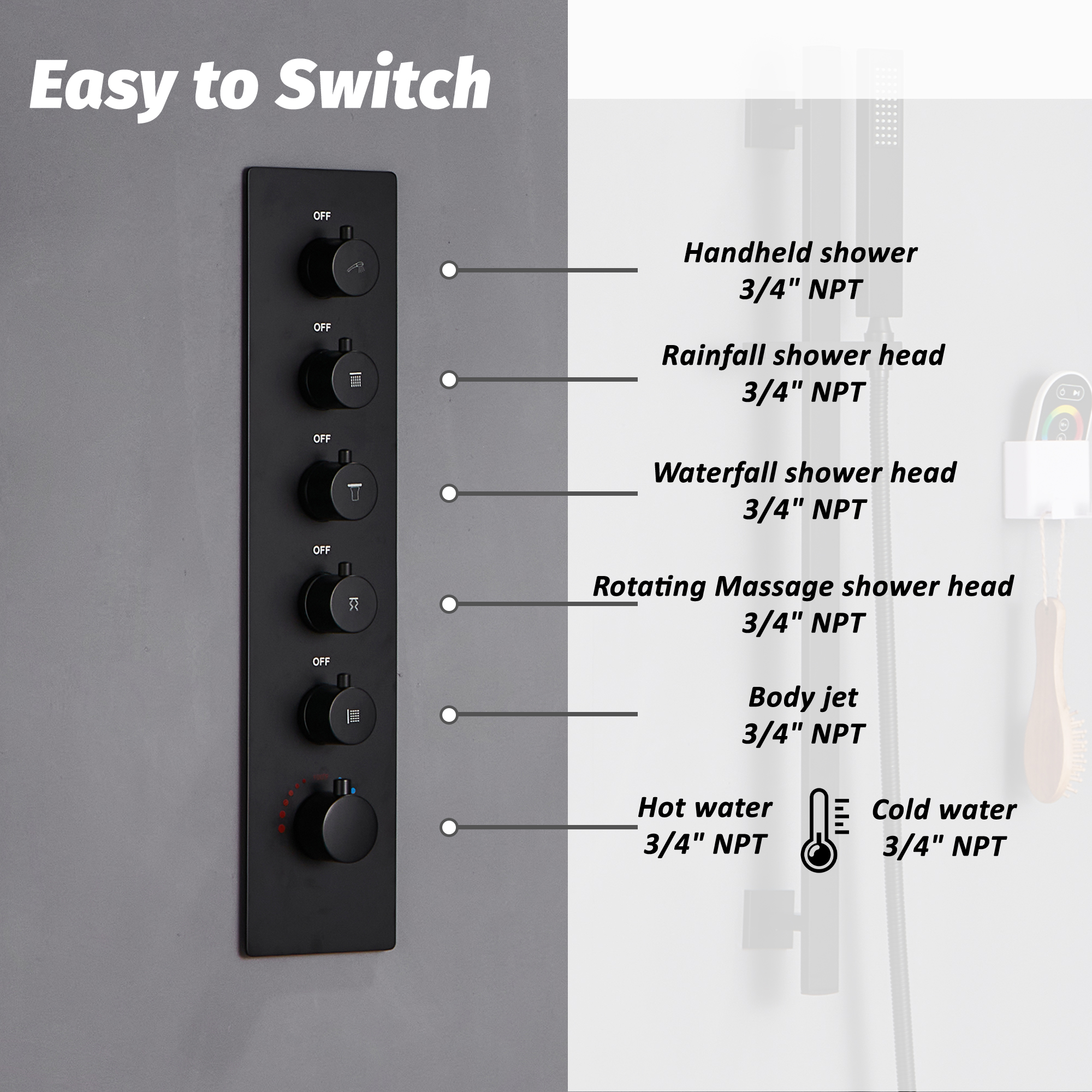 27.6" x 15.7" Luxury Thermostatic Shower System with LED Rainfall & Waterfall