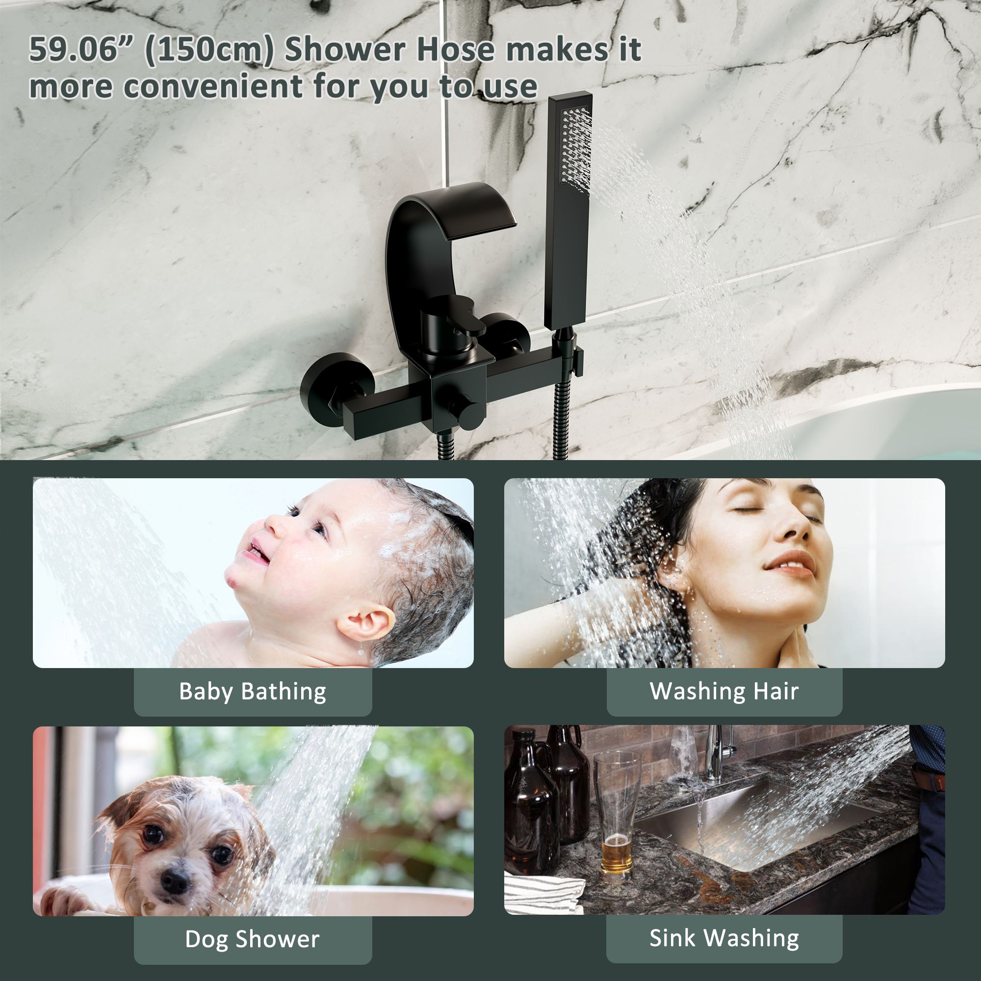 Wall-Mounted Brass Waterfall Tub Filler with Handheld Shower