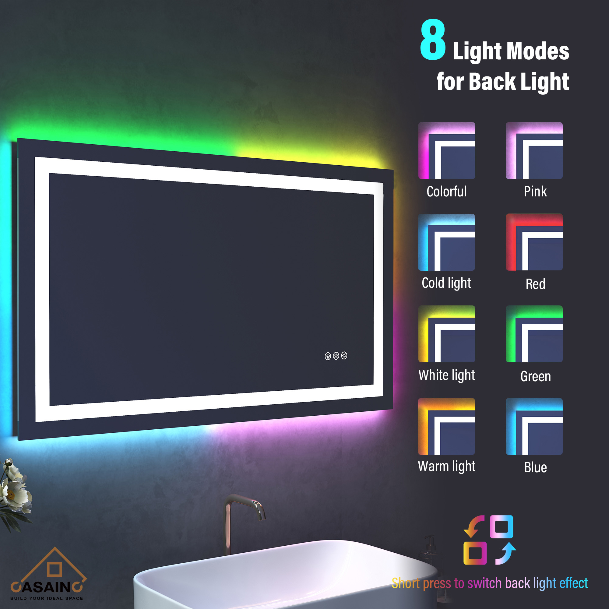 Tempered RGB LED Bathroom Mirror with Smart Controls & Anti-Fog
