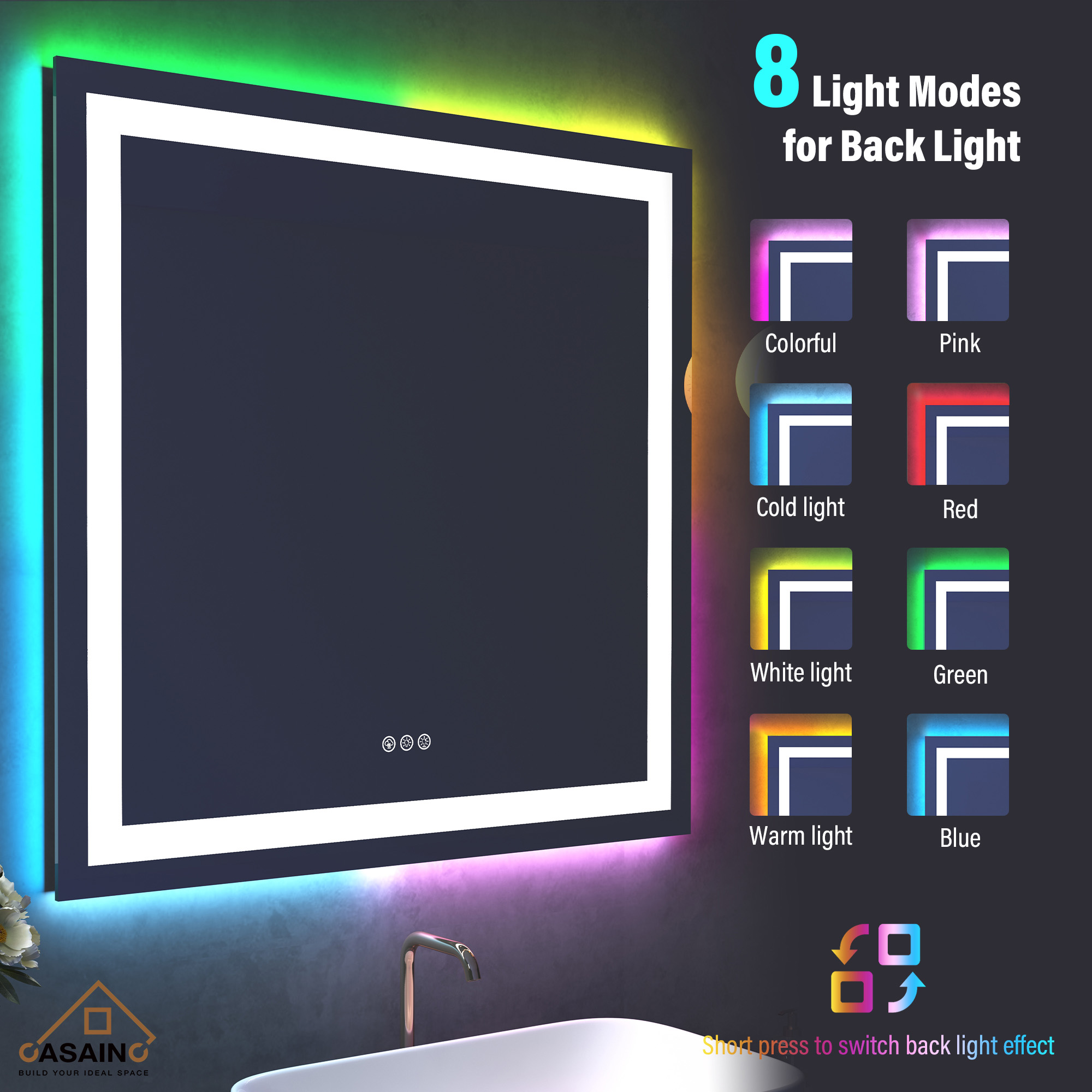 Tempered RGB LED Bathroom Mirror with Smart Controls & Anti-Fog