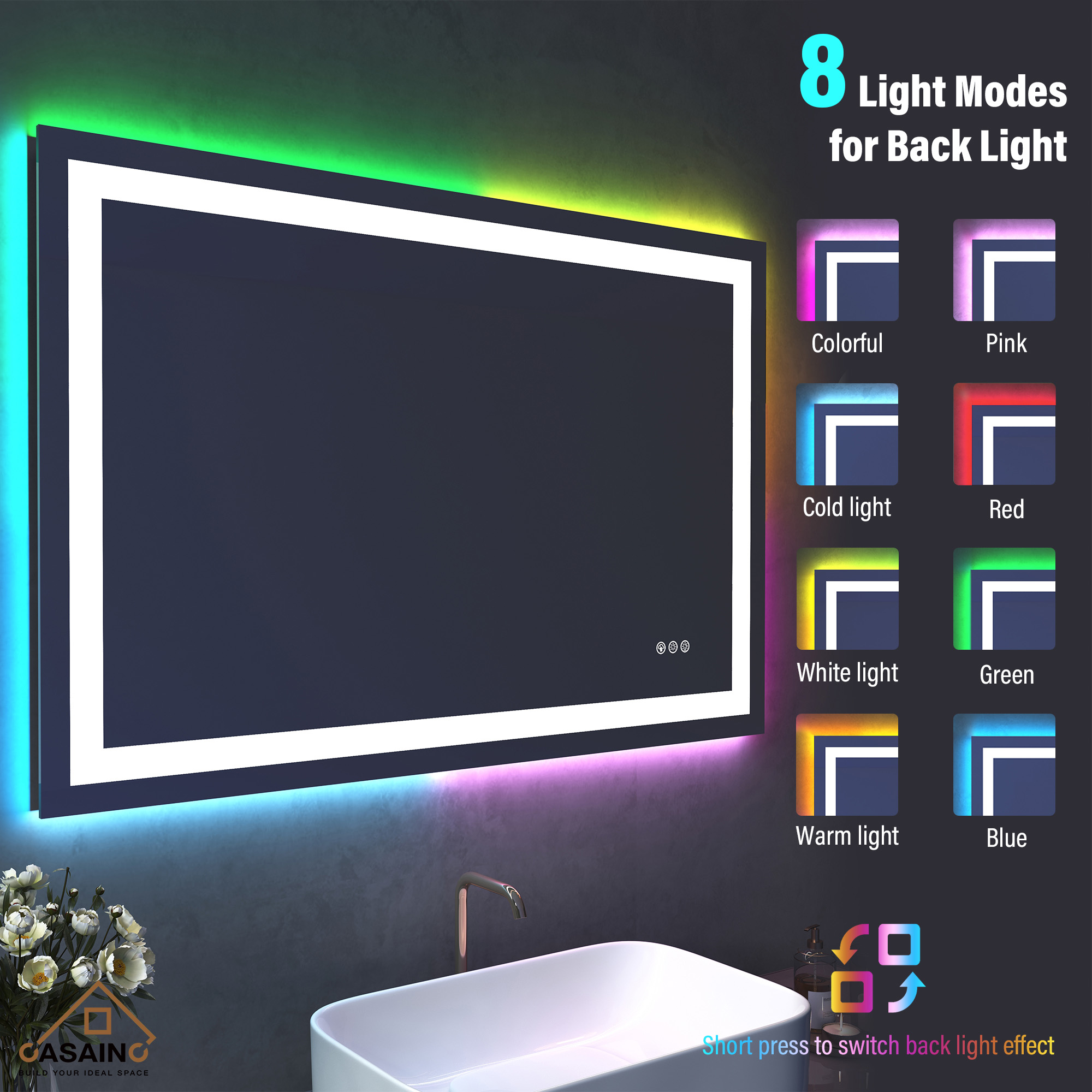 Tempered RGB LED Bathroom Mirror with Smart Controls & Anti-Fog
