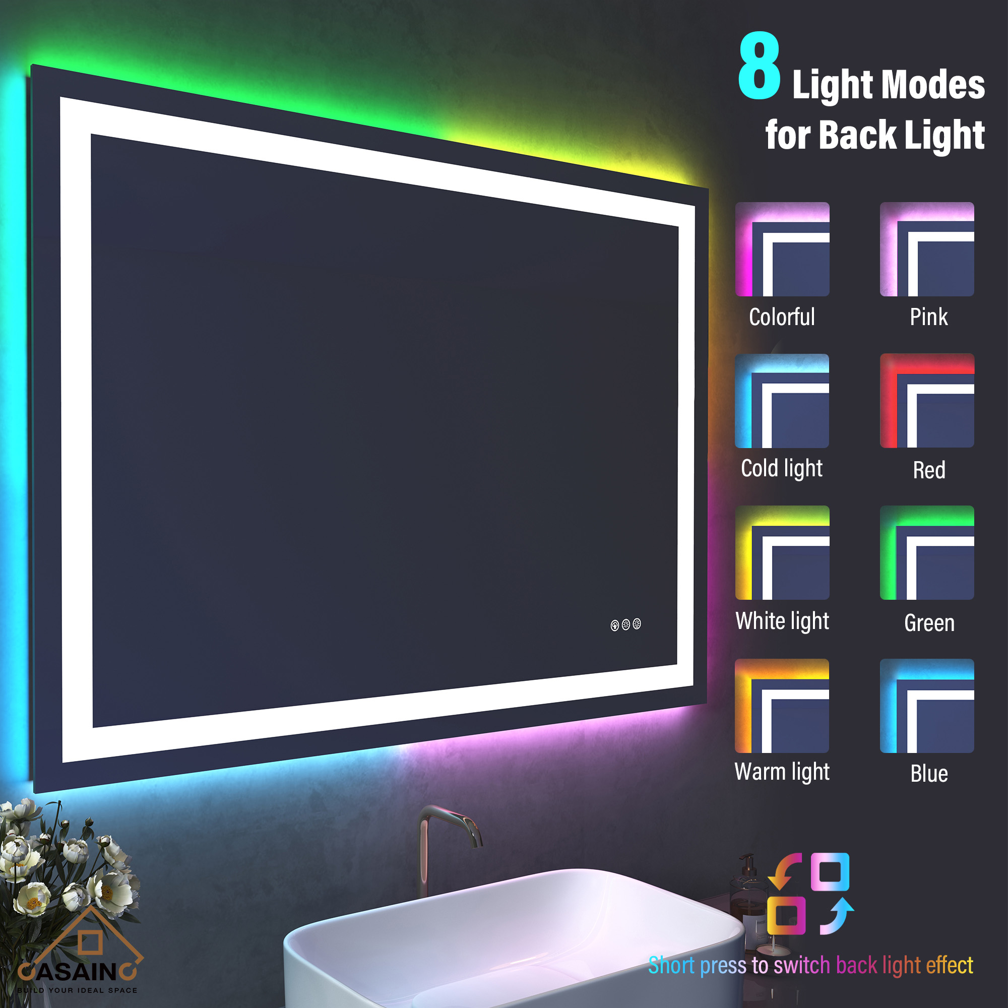 Tempered RGB LED Bathroom Mirror with Smart Controls & Anti-Fog