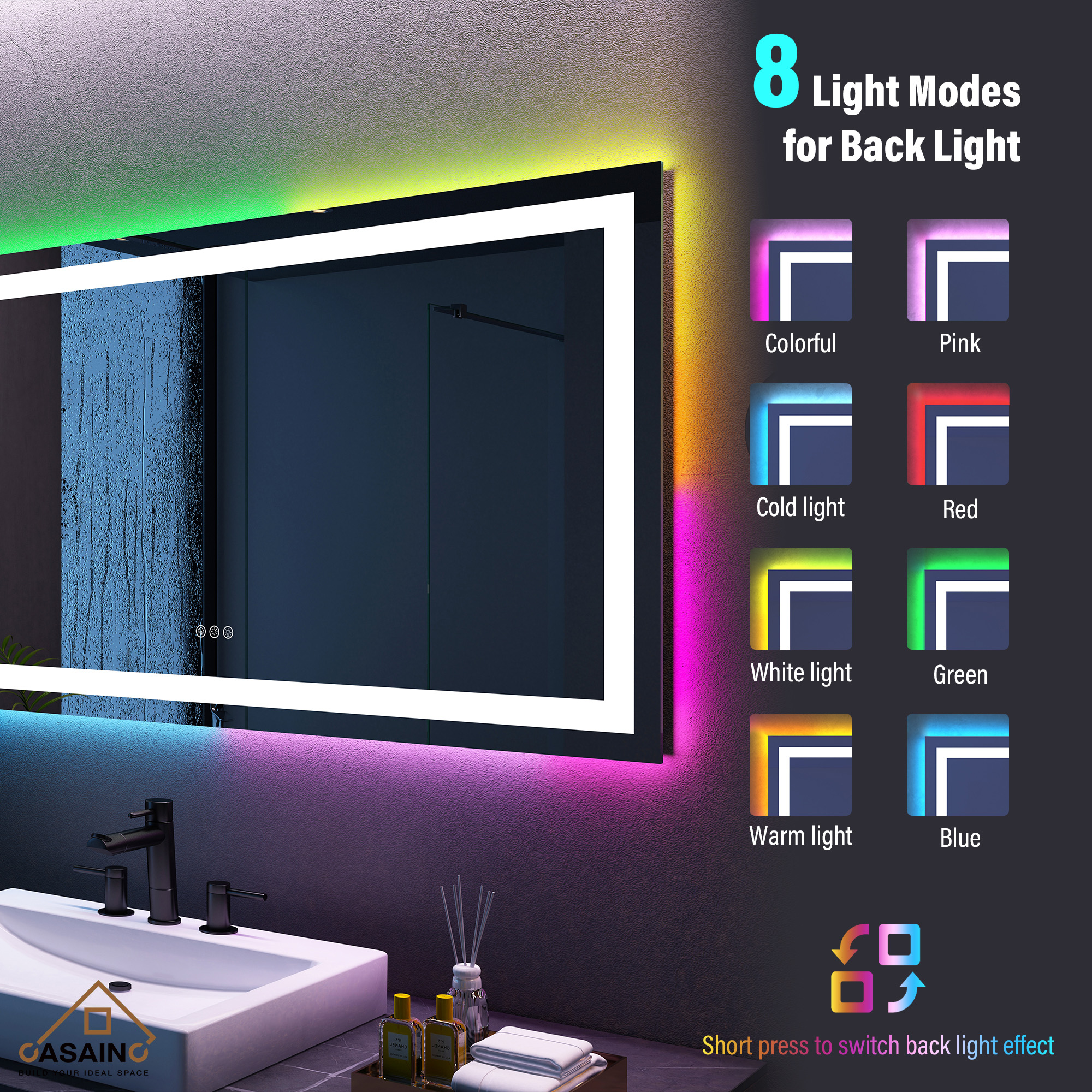 Tempered RGB LED Bathroom Mirror with Smart Controls & Anti-Fog