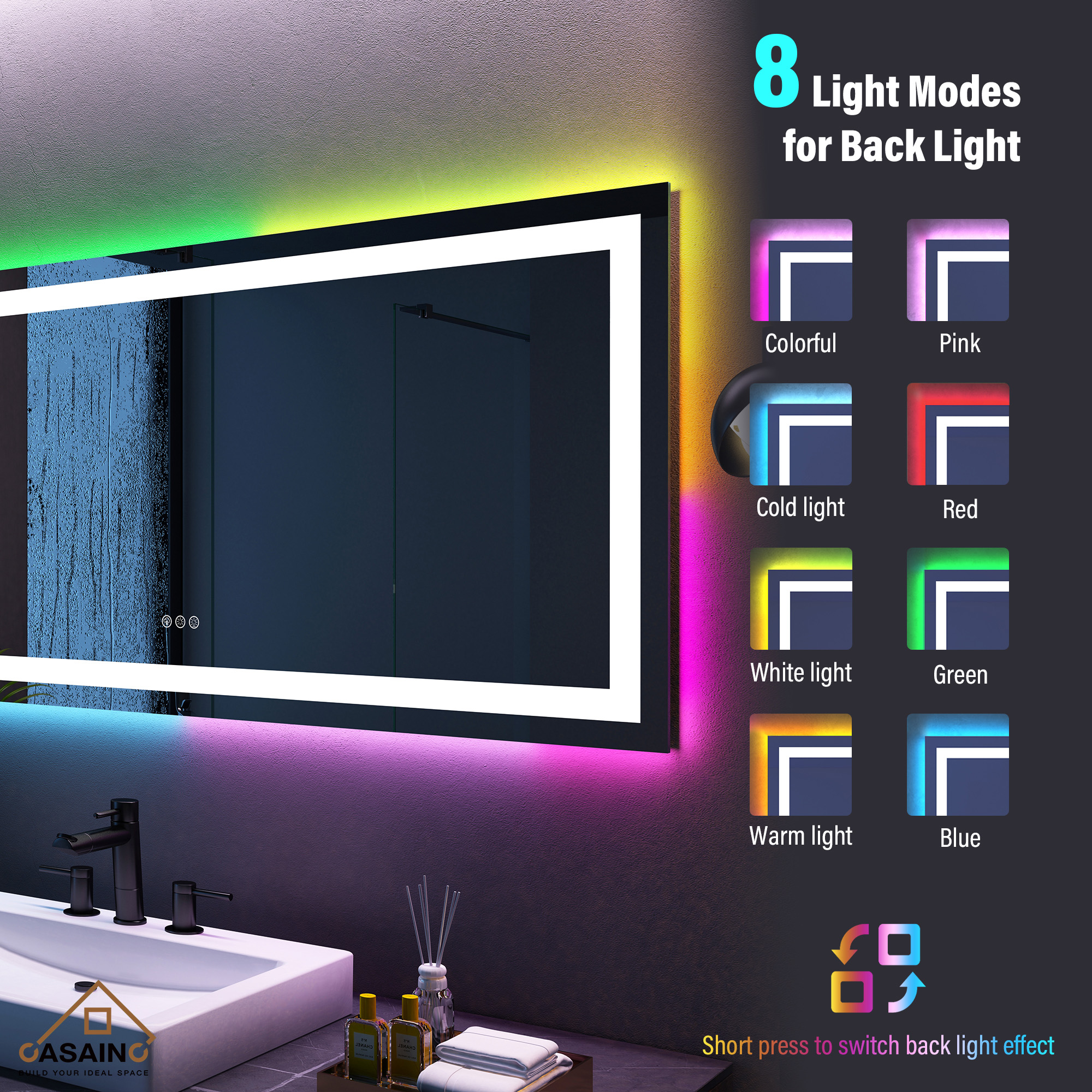 Tempered RGB LED Bathroom Mirror with Smart Controls & Anti-Fog