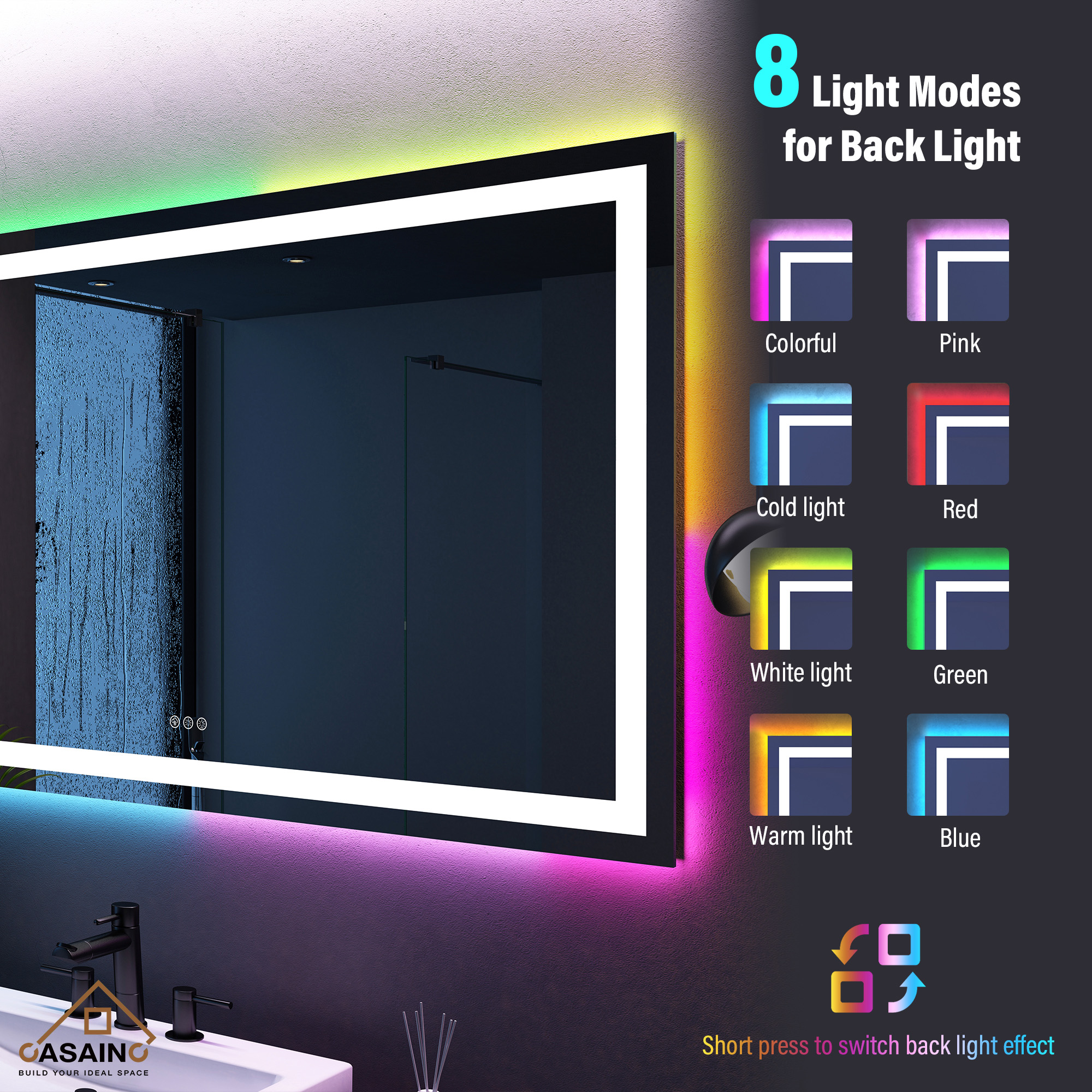 Tempered RGB LED Bathroom Mirror with Smart Controls & Anti-Fog