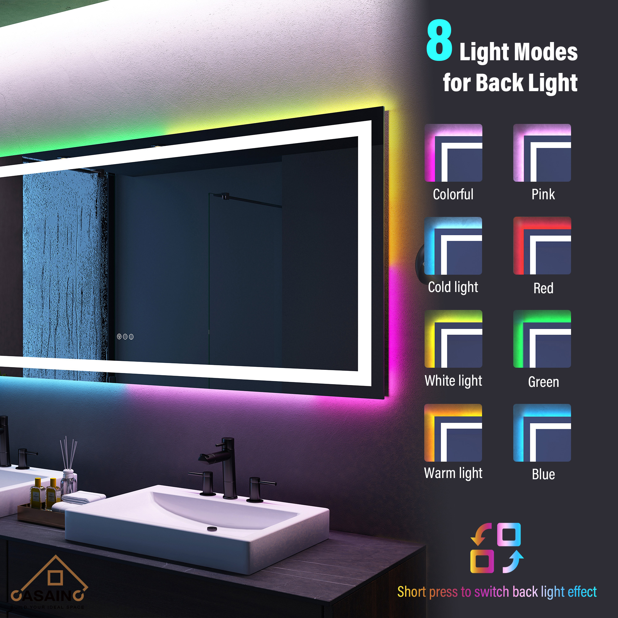 Tempered RGB LED Bathroom Mirror with Smart Controls & Anti-Fog