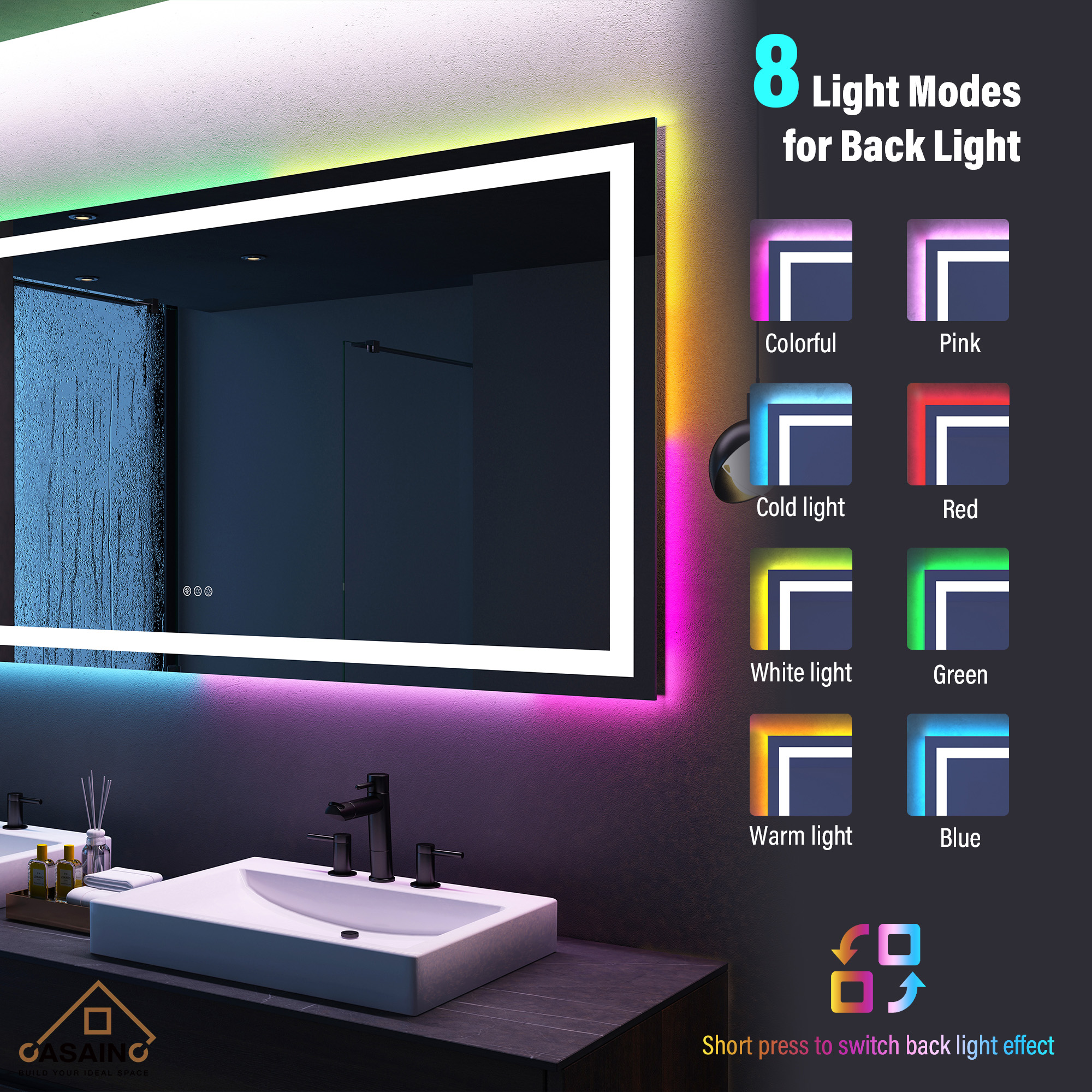 Tempered RGB LED Bathroom Mirror with Smart Controls & Anti-Fog