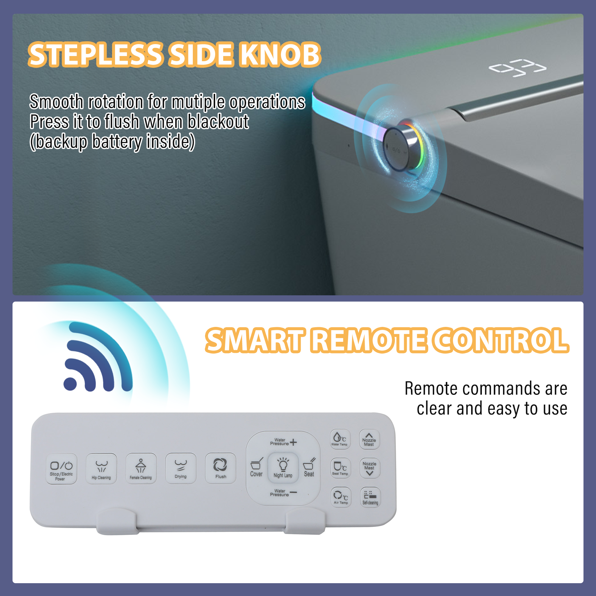 Elongated Heated Seat Smart Toilet with Built-In Bidet and Multicolor LED Backlight