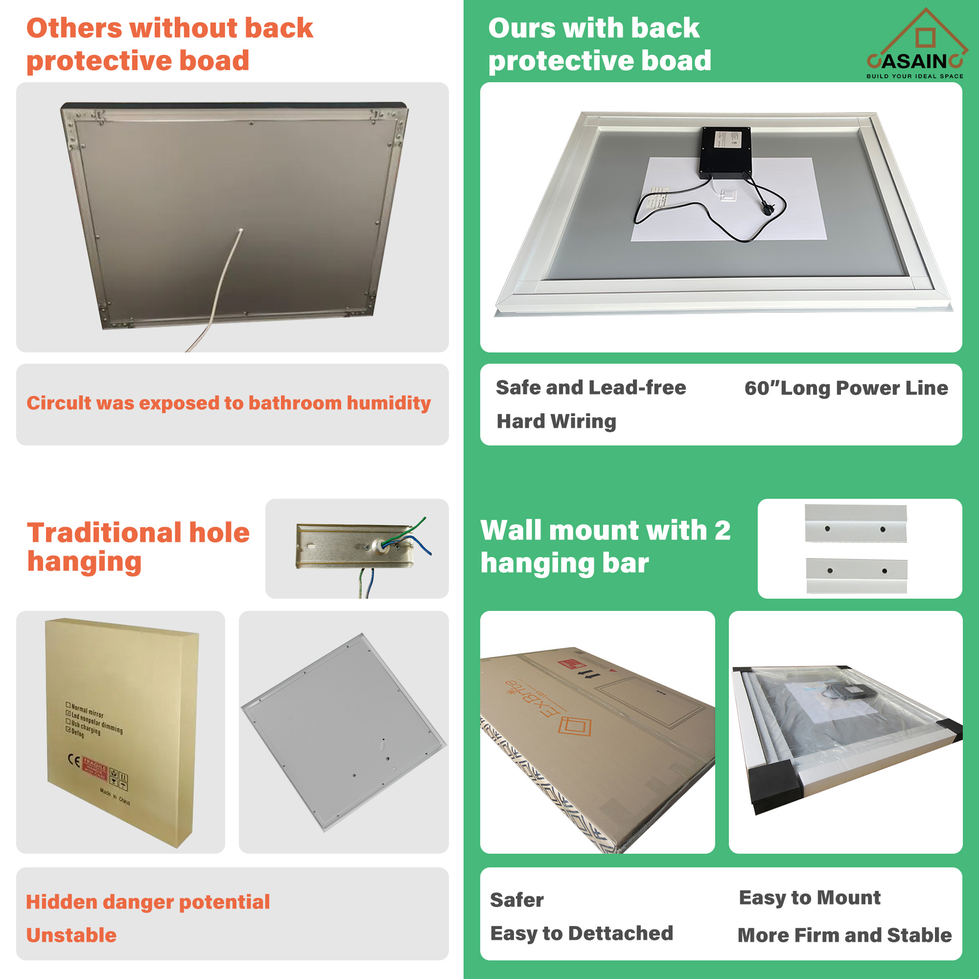 Frameless Rectangular LED Bathroom Mirror with Anti-Fog, Shatter-Proof